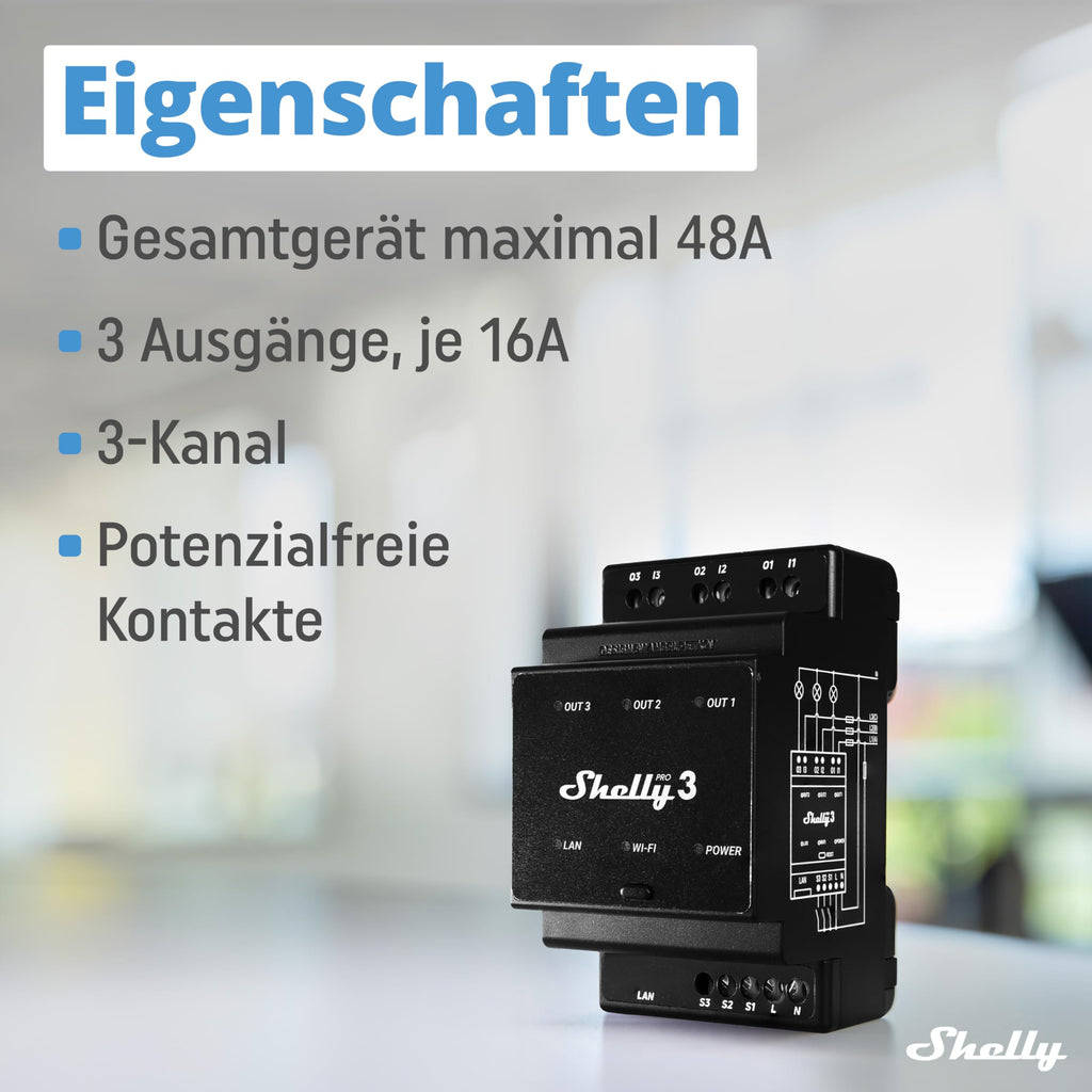 Shelly Pro 3 | WLAN & LAN 3-Kanal 3-Phasen Smart DIN-Schienen Relais Schalter - 48A | Alexa & Google Home | iOS Android App | Hausautomation | Lichtsteuerung | Fernsteuerung motorisiertes Ventil