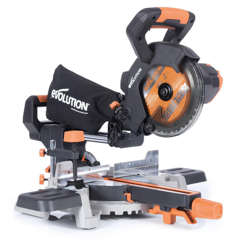 Evolution R185SMS-Li Akku-Gleitgehrungssäge mit Mehrzweck-Schneide, 45° Fasen-, 50° Gehrungsschnitte, 850 W – 185 mm TCT-Sägeblatt im Lieferumfang enthalten, 3 Jahre Garantie