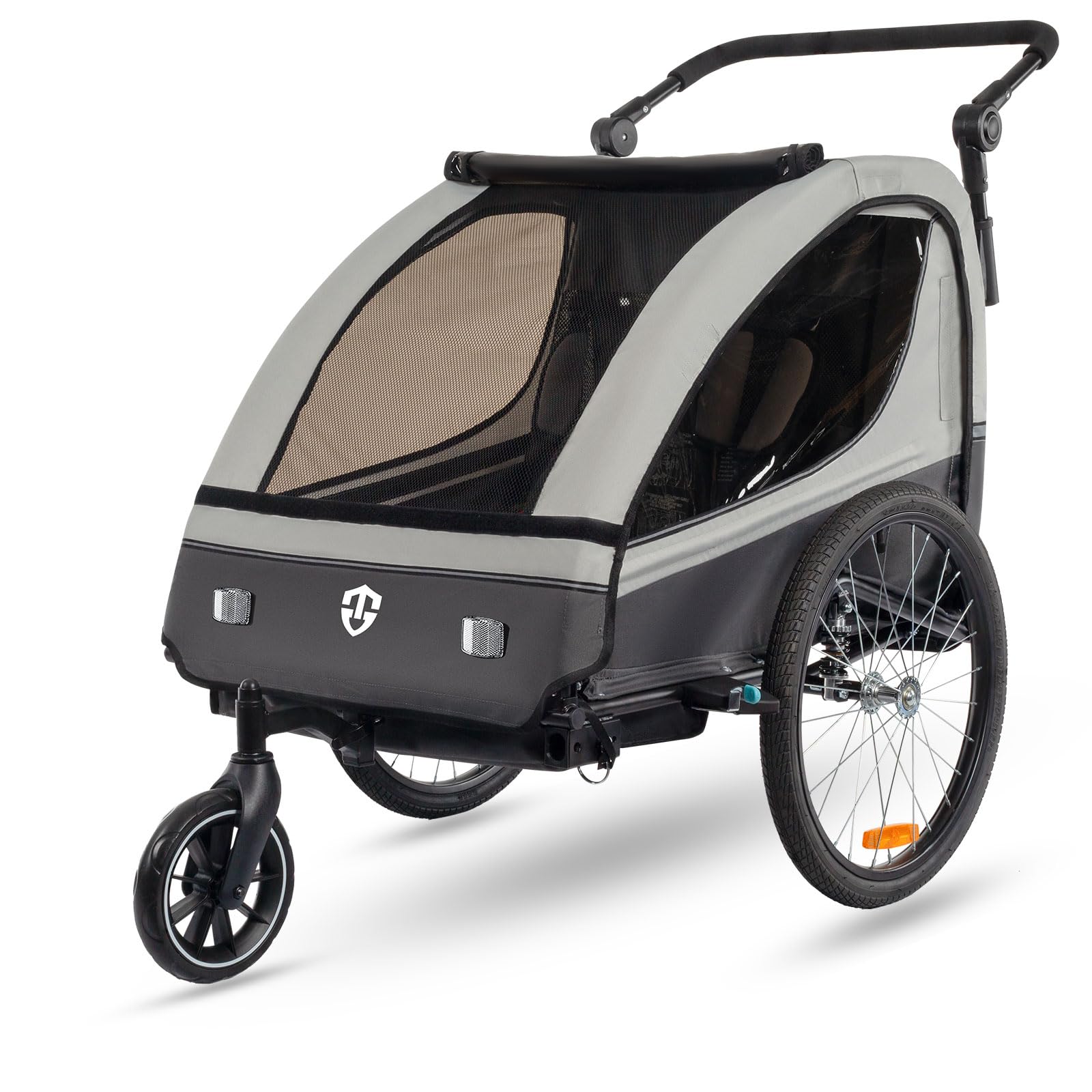 Tiggo VS Kinderanhänger 360° Drehbar mit Federung 2in1 Fahrradanhänger mit Buggy Set Jogger 5-Punkt Gurt Fahrrad Anhänger für 1 bis 2 Kinder max. 40kg (Grau)