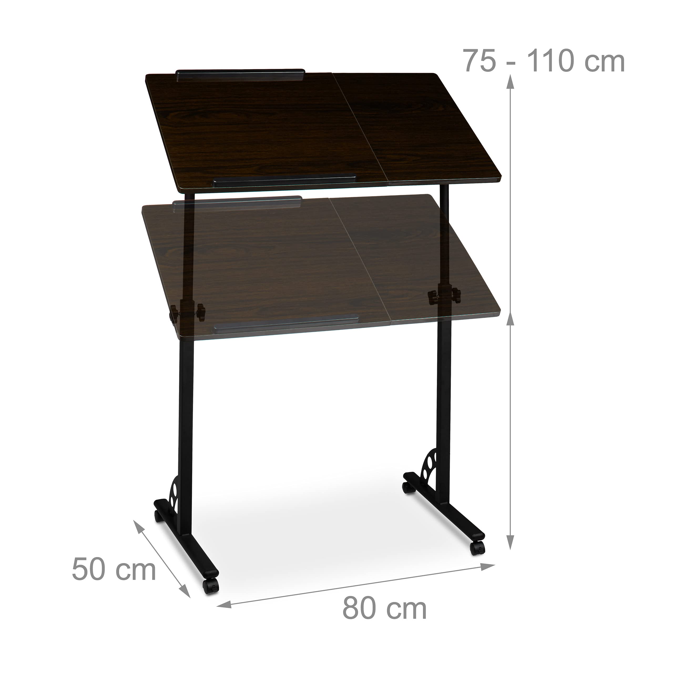Relaxdays Laptoptisch groß höhenverstellbar H x B x T: 110 x 80 x 50 cm Mobiles Rednerpult mit Rollen zum Bremsen für Notebook mit Ablage für Beamer, große Laptops, Mäuse etc, Ebenholz (schwarz)