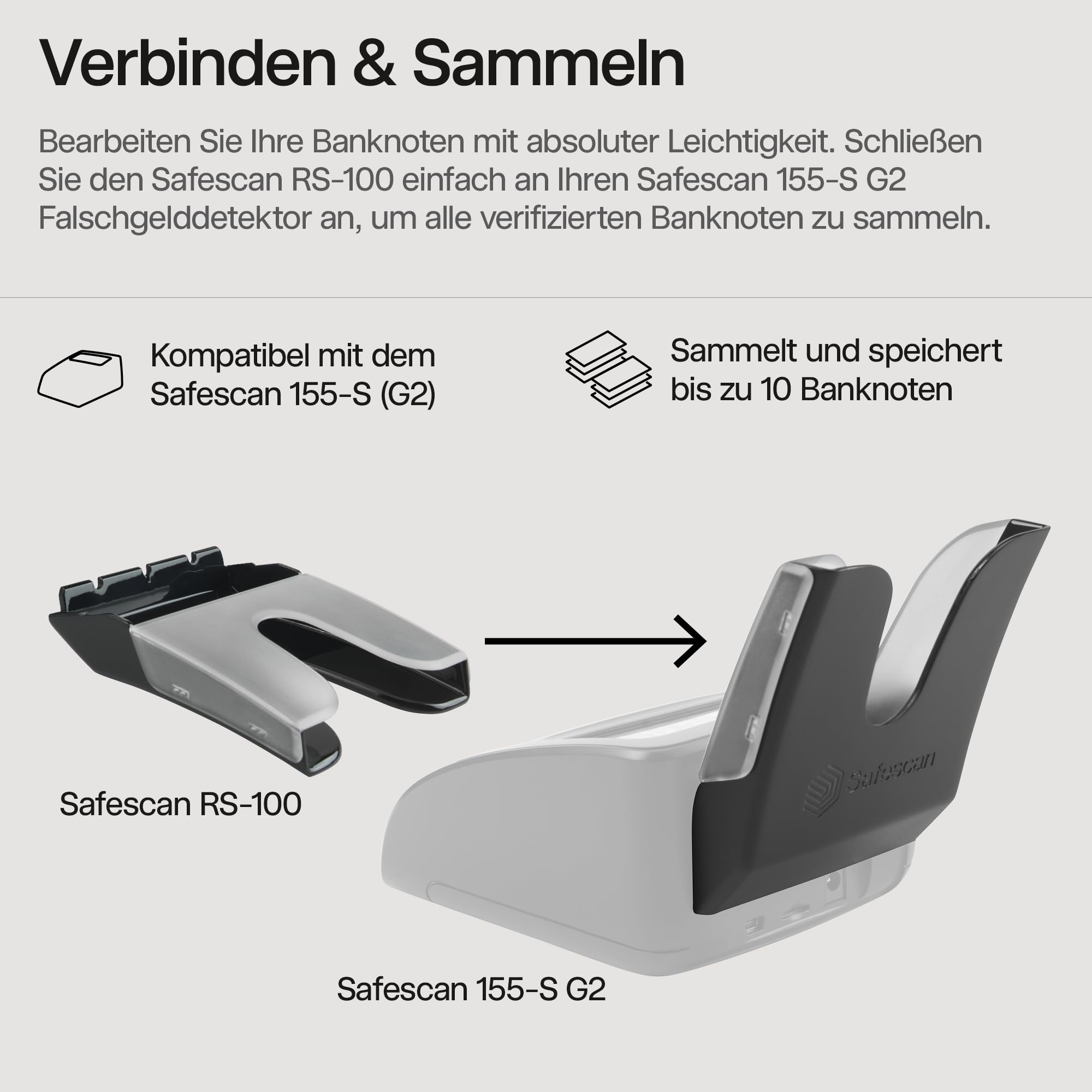 Safescan RS-100 Banknotenstapler, sammelt geprüfte Banknoten von Geldscheinprüfern - abnehmbarer Stapler der einfach auf das Falschgeldprüfgerät Safescan 155-S G2 aufgesteckt wird