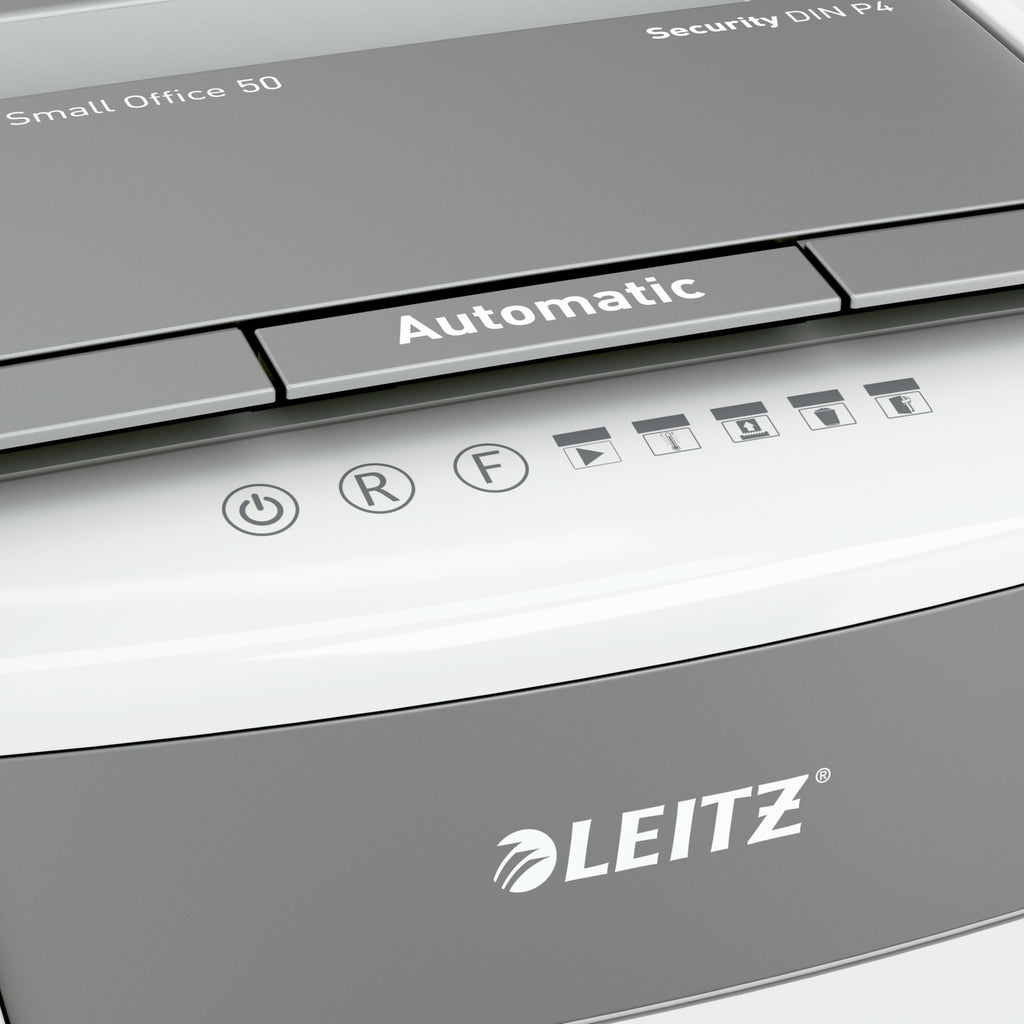 Leitz IQ Autofeed Small Office Aktenvernichter, 50 Blatt Papierstapel schreddern, Zeit sparen mit automatischem Einzug, Partikelschnitt P4, 20L Abfallbehälter, Leiser Betrieb für Büro, 80350000