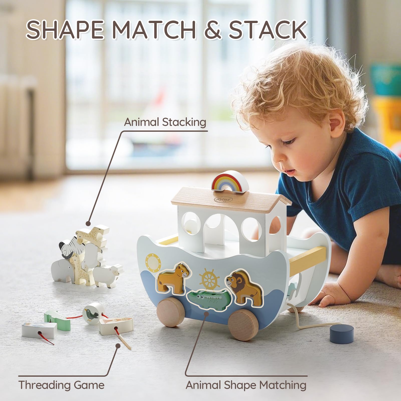 Joyreal Arche Noah Holz - Taufgeschenke für Mädchen Jungen Kinder, Geschenk Taufe, Montessori Spielzeug ab 1 2 3 Jahr, Holzspielzeug mit Bauernhof Spielzeug Sortier Stapel