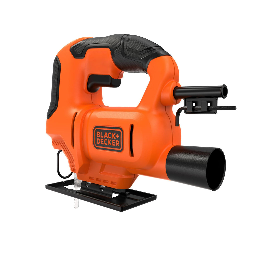 BLACK+DECKER 400W Stichsäge (kompakt und schlank, mit verstellbarem Sägeschuh, Gebläse und Feststellschalter, optimal für solide Gerad-, Kurven- und Gehrungsschnitte, inkl. Holzsägeblatt) BES602