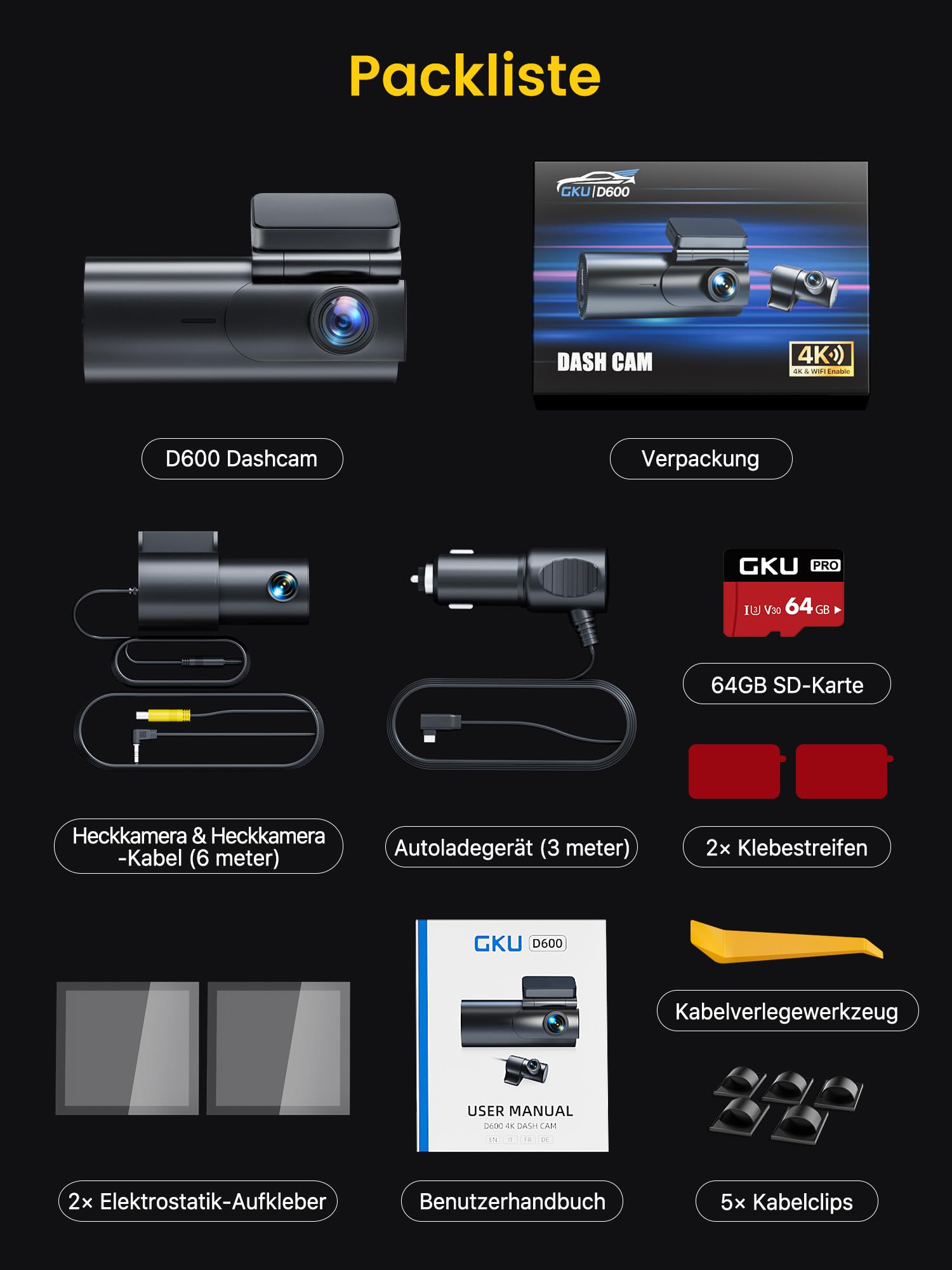 GKU 4K Dashcam Auto Vorne Hinten, 5GHz WiFi Dashcam mit 64GB SD Karte, Auto Kamera mit Parküberwachung, Super Nachtsicht, WDR, 170° Weitwinkel, G-Sensor, Loop-Aufnahme, APP Steuerung, Max 256GB