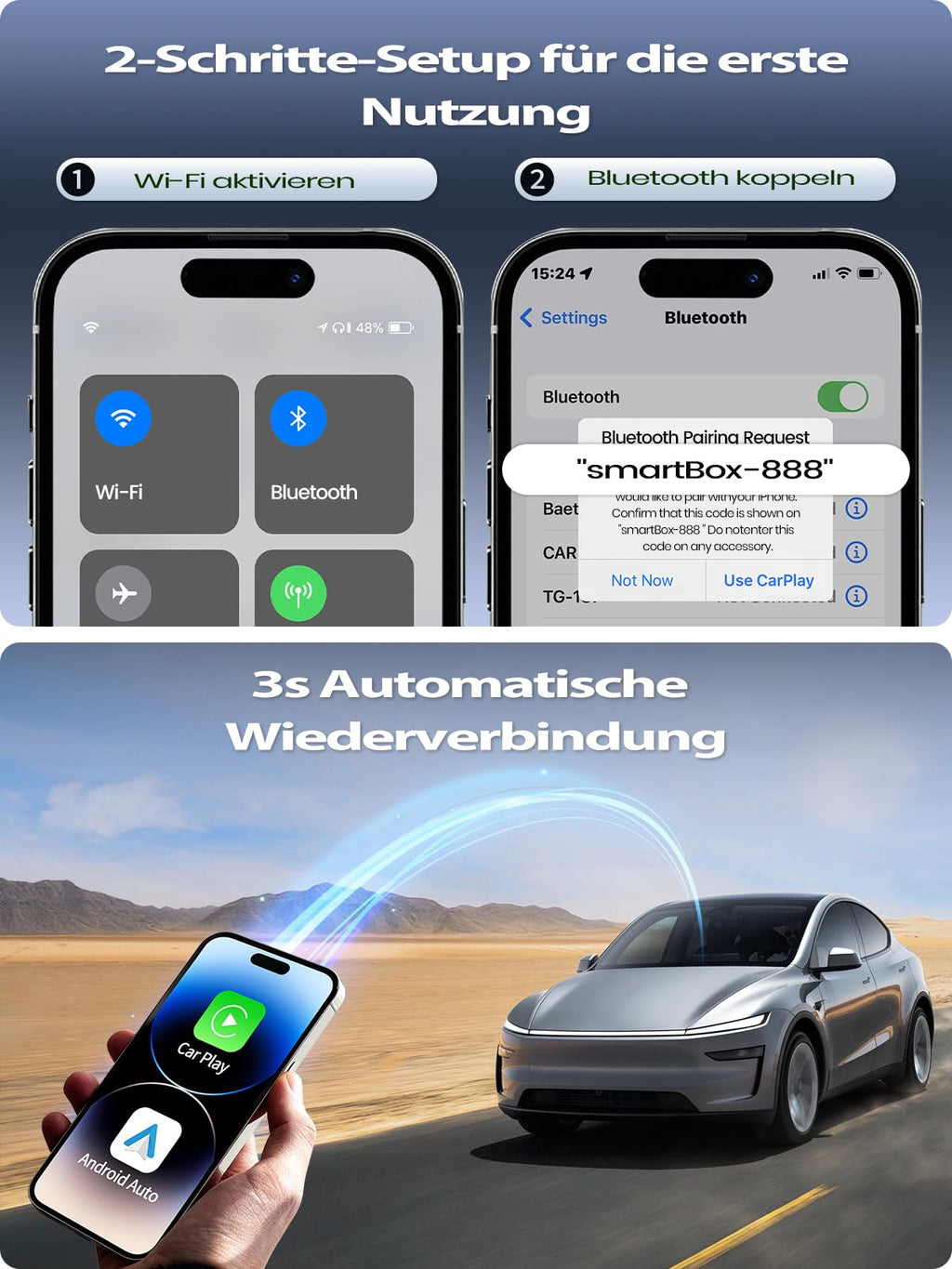 CODONOVA CarPlay Wireless Adapter – 2026 Pro Mini Android Auto Adapter, Plug & Play über USB-A/USB-C-Anschluss, Stabil & Kompakt, Kompatibel mit Autos ab 2016, iOS 10+ & Android 10+ (Kohlefaser)