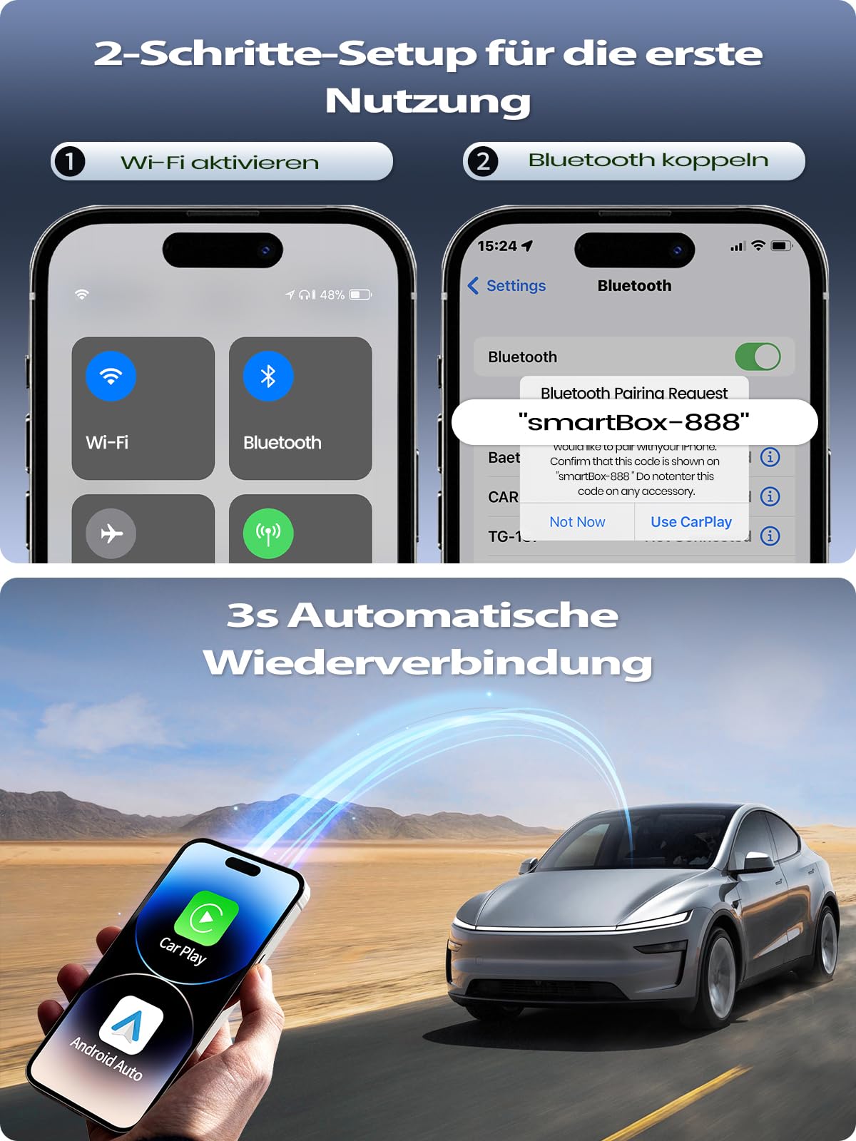 CODONOVA CarPlay Wireless Adapter – 2026 Pro Mini Android Auto Adapter, Plug & Play über USB-A/USB-C-Anschluss, Stabil & Kompakt, Kompatibel mit Autos ab 2016, iOS 10+ & Android 10+ (Kohlefaser)