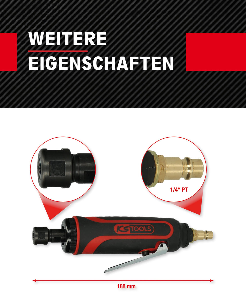 KS Tools Stabschleifer Druckluft 515.5410 6mm I Geradschleifer mit Drehzahl-Regulierung I Für HM-Fräser, Mini-Trennscheiben und Steinschleifkörper I 23.000 U/min