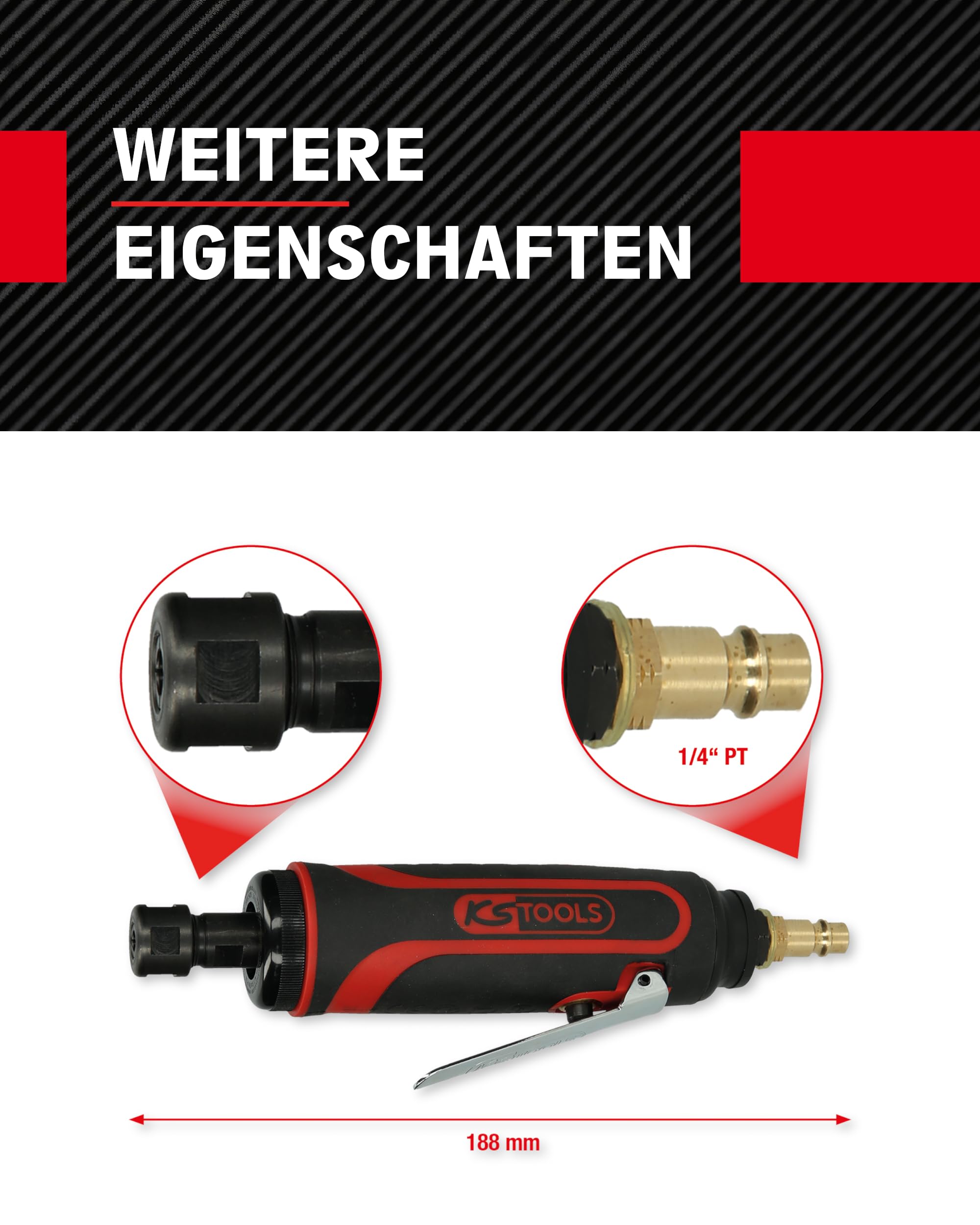 KS Tools Stabschleifer Druckluft 515.5410 6mm I Geradschleifer mit Drehzahl-Regulierung I Für HM-Fräser, Mini-Trennscheiben und Steinschleifkörper I 23.000 U/min