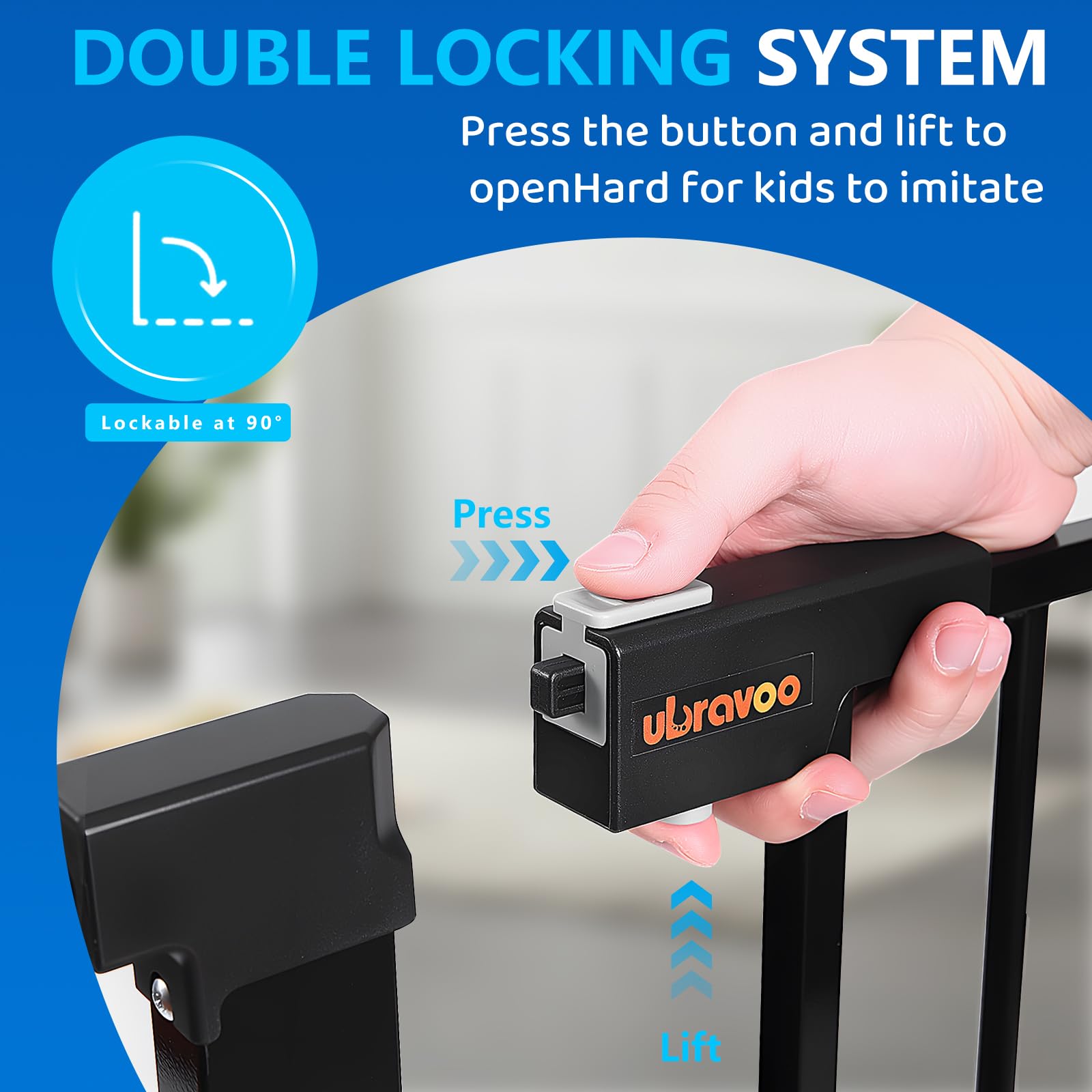 UBRAVOO Babygitter für Türen und Treppen,Druckmontage, kein Bohren,automatisch schließendes Metalltür-Sicherheitsgitter für Kinder&Haustiere, Mit Wandschutz und Verlängerungen (Schwarz-D, 76-104cm)