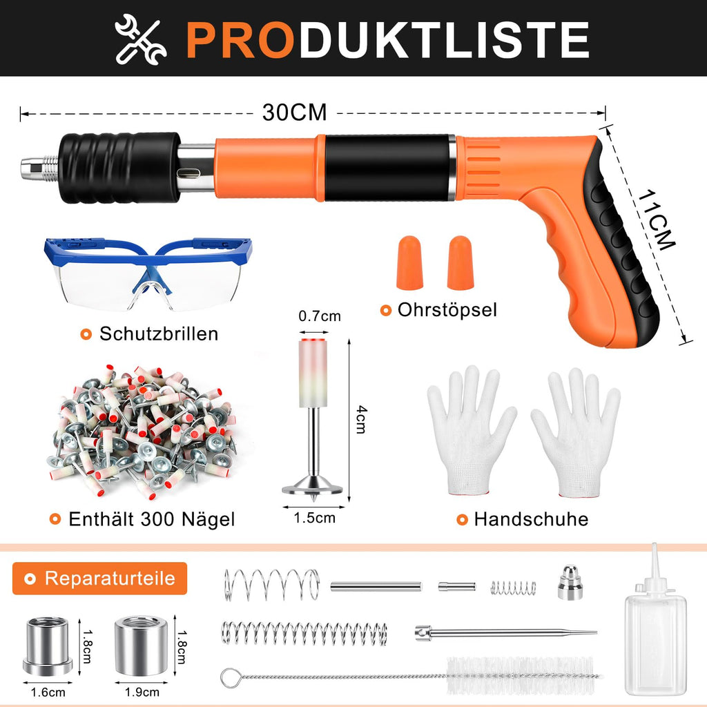 Manuelle Nagelpistole, 5 Gänge Nagelpistole Nail Gun mit 300 Runden Nägeln, Beton-Nagelpistole für Stahl & Beton, Tragbare Nail Gun für Decken-/Draht-Hider mit Handschuhen