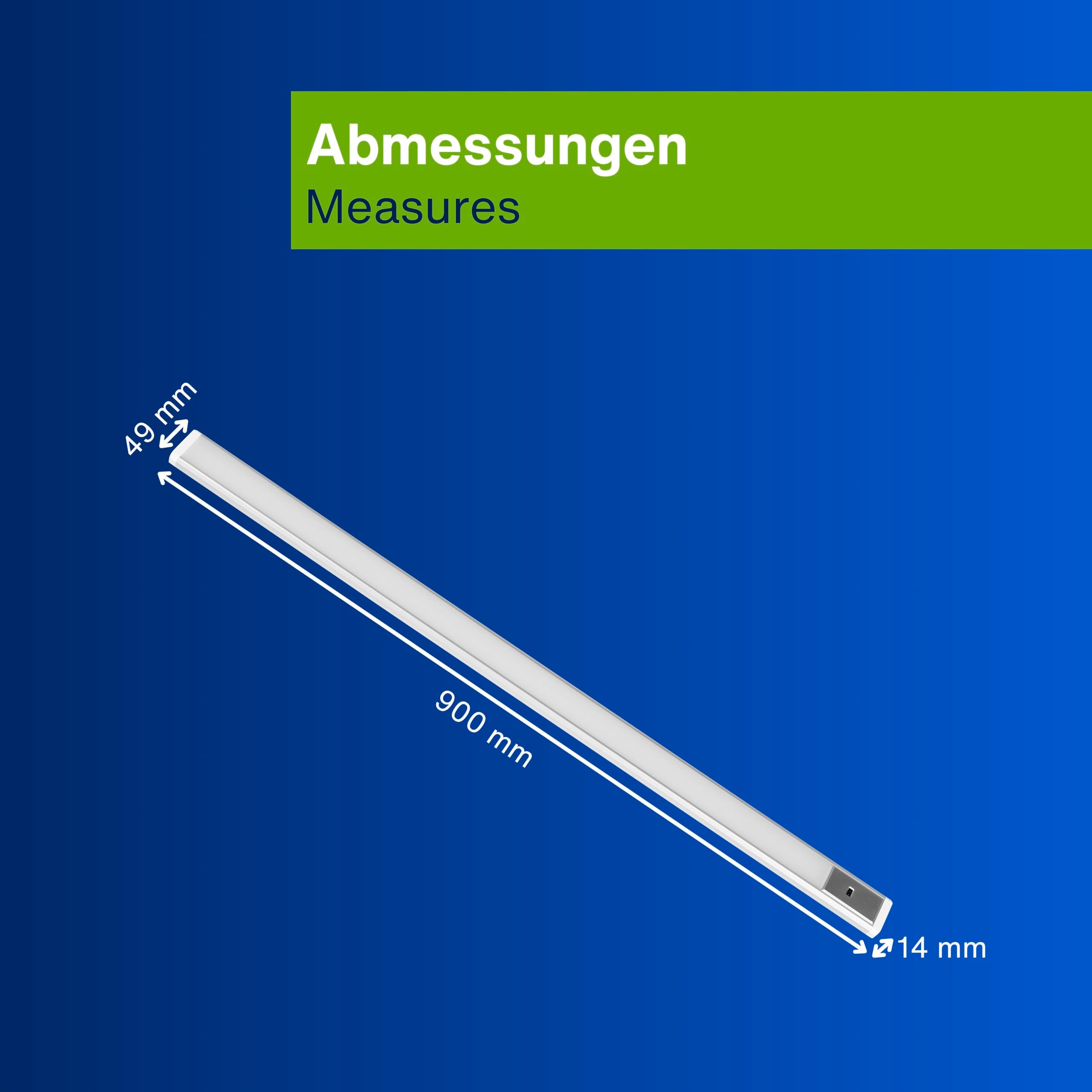REV Unterbauleuchte Küche LED - Aluminium Schrankbeleuchtung 90cm, 10W, 850 Lumen, 3000K, Küchenbeleuchtung flach mit Sensor, einfache Montage, silber