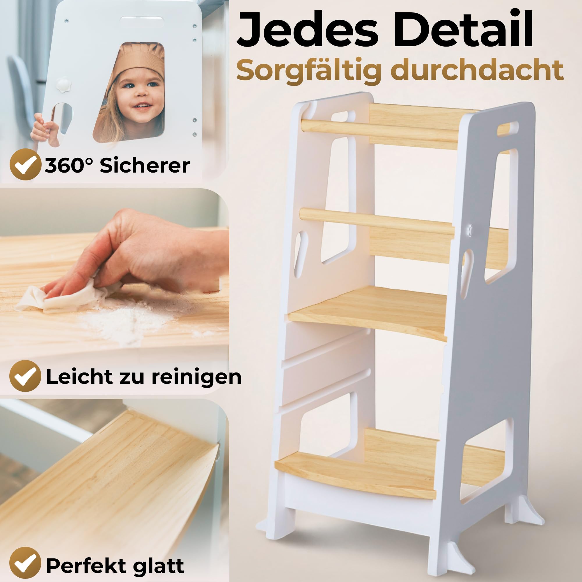 BEY & CO® Lernturm/Entdeckerturm aus Holz – Küchenhelfer für Kinder – 3-Fach höhenverstellbar, mit Rutschfester Oberfläche und kippsicheren Füßen - Montessori-Methode - Ab 12 Monaten (Weiß)