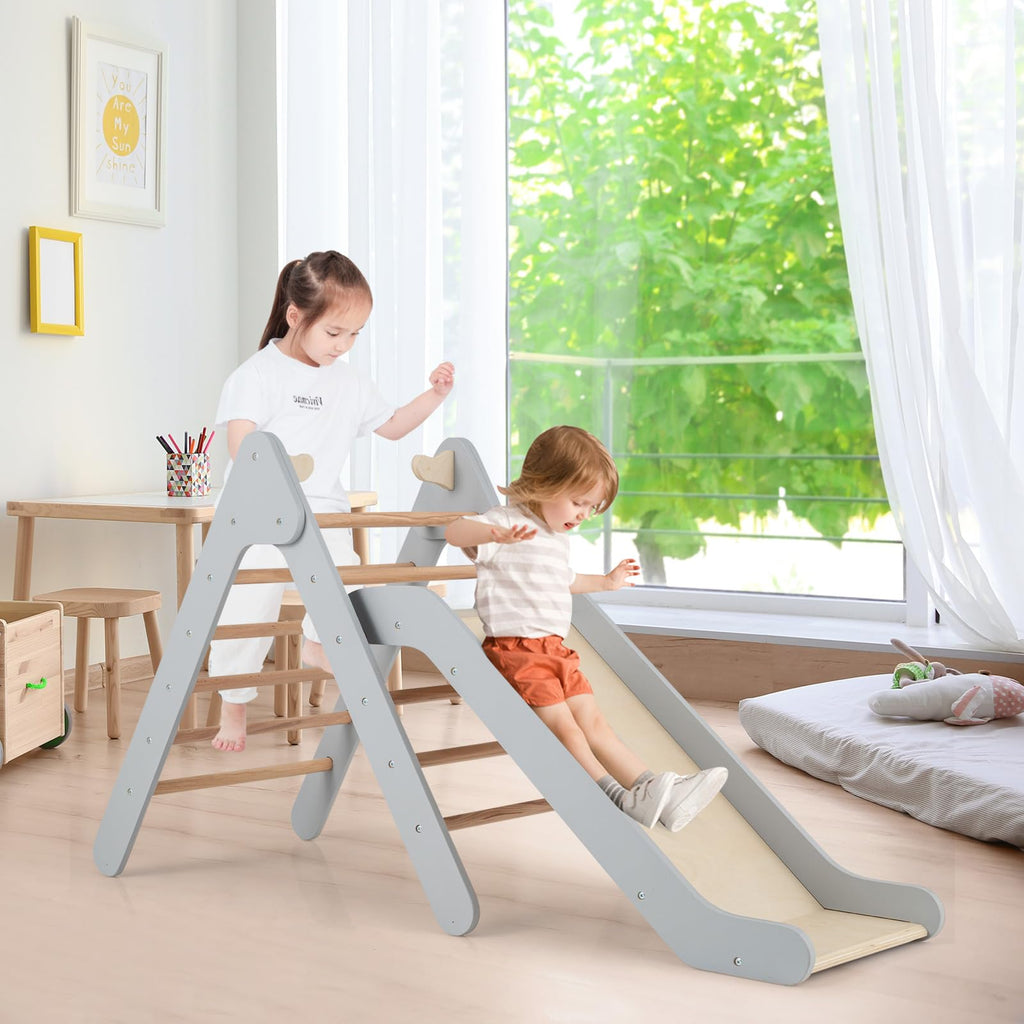 COSTWAY Kletterdreieck mit Rutsche, Klettergerüst aus Holz, Sprossendreieck zum Rutschen und Klettern, für Kinder ab 1 Jahre (Grau)