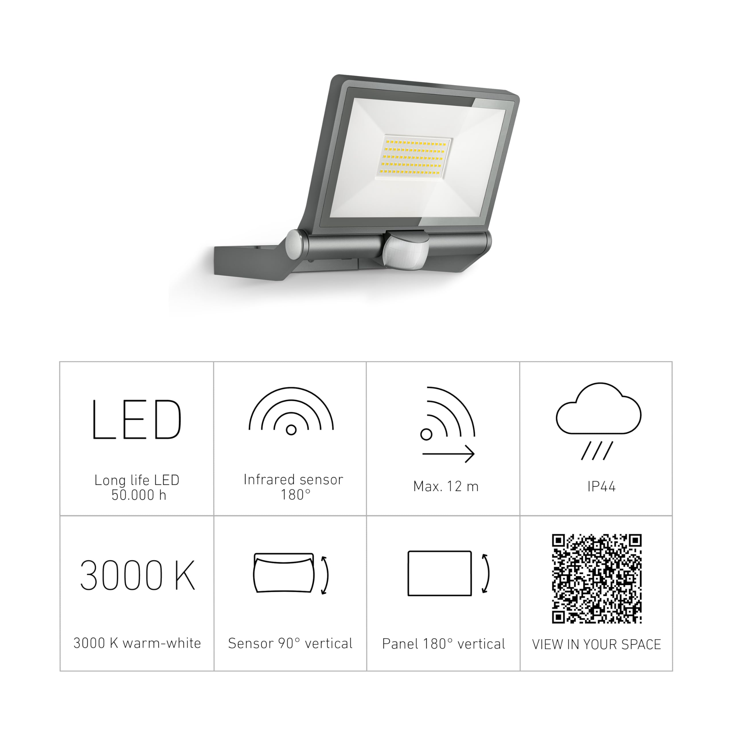 Steinel LED-Außenstrahler XLED ONE XL S Anthrazit, 180°-Bewegungsmelder, 42,6 W, 4200 lm bei 3000K, Aluminium, für Zufahrt, Hof und Garten, 065263