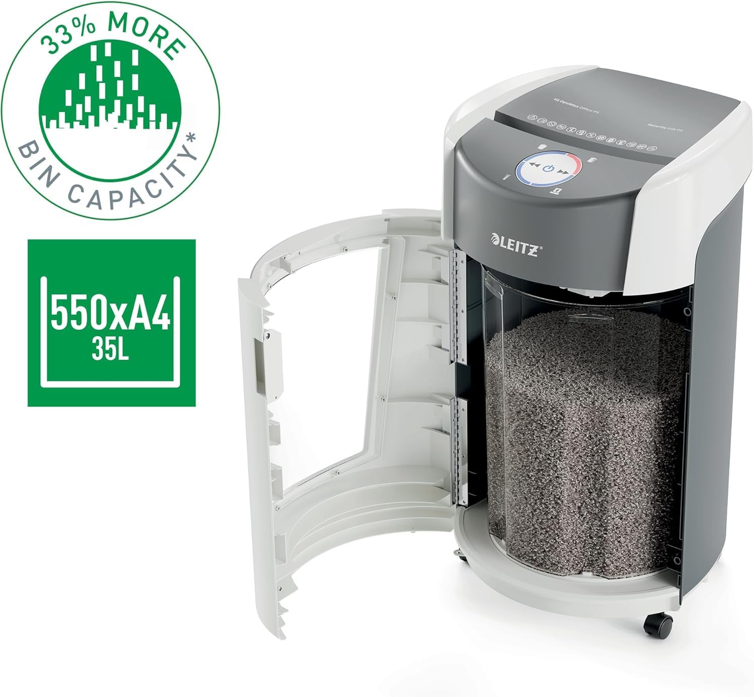 Leitz IQ OptiMax Office P5 Aktenvernichter mit Mikroschnitt, 12-10 Blatt (70-80 g/m²), Rotierender 35 Liter Behälter für 33% mehr Volumen (550 x A4), Extrem leise, 120 Min Dauerbetrieb, Weiß, 83600000