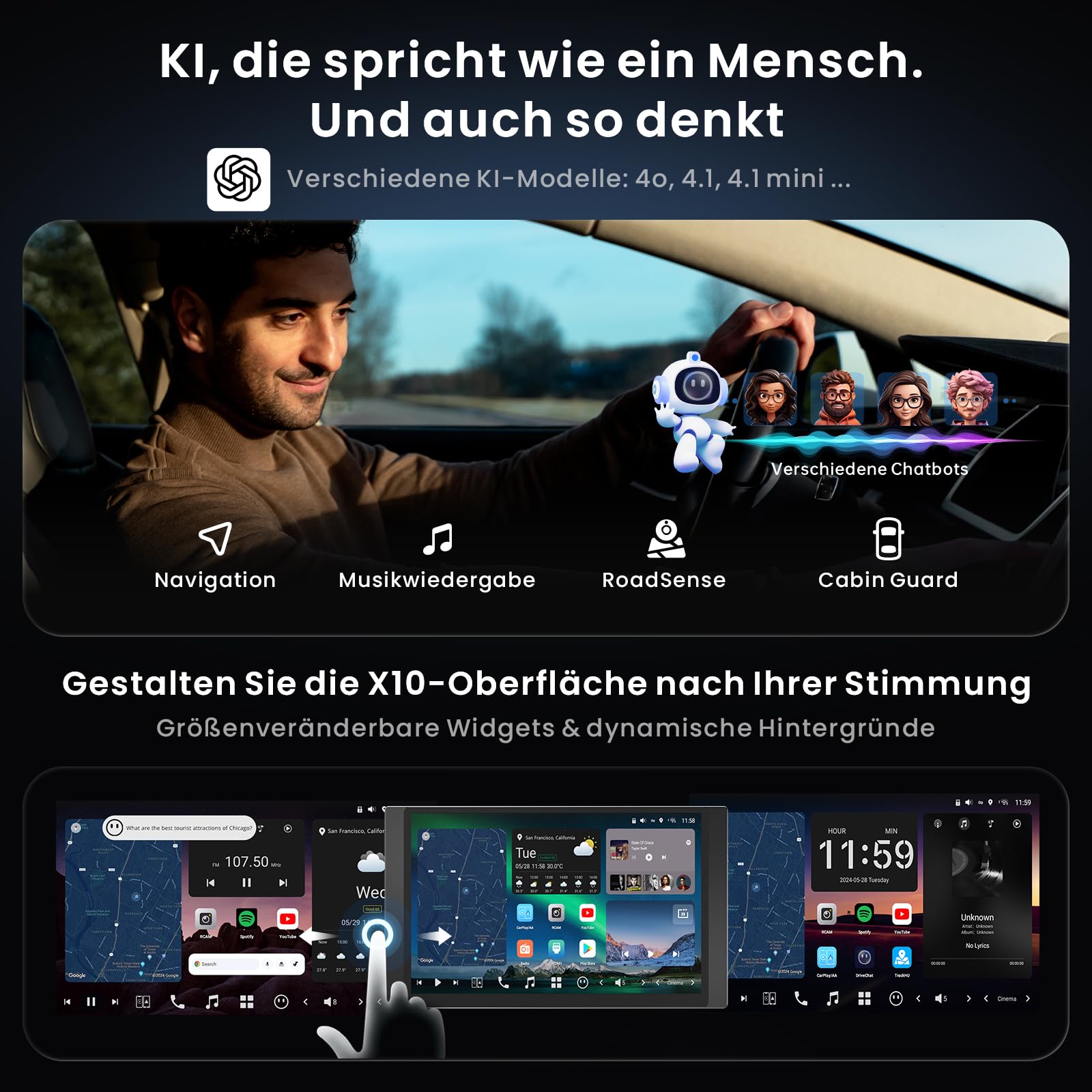 [12,5" QLED] ATOTOZONE AI Android Autoradio mit 1 DIN & Doppel DIN, 8G+128G, Flexview-Display, 7.1.2 CH Audio, 4G LTE,Wireless CarPlay&Android Auto,36B-EQ, Dualband-WLAN, mit 2 Dashcams,X10G125E-R3