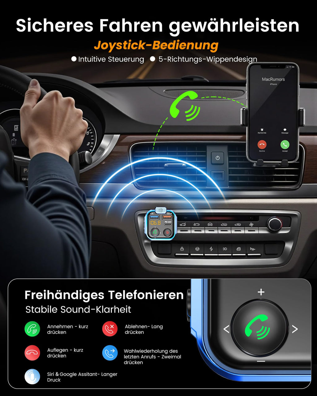 LENCENT 38W FM Transmitter Auto Bluetooth V5.3, Radio Deep Bass Musik Schnelles Autoladegerät Zigarettenanzünder, KFZ Bluetooth Adapter Freisprechanlage, Noise Cancelling Mikrofon, Lichtschalter