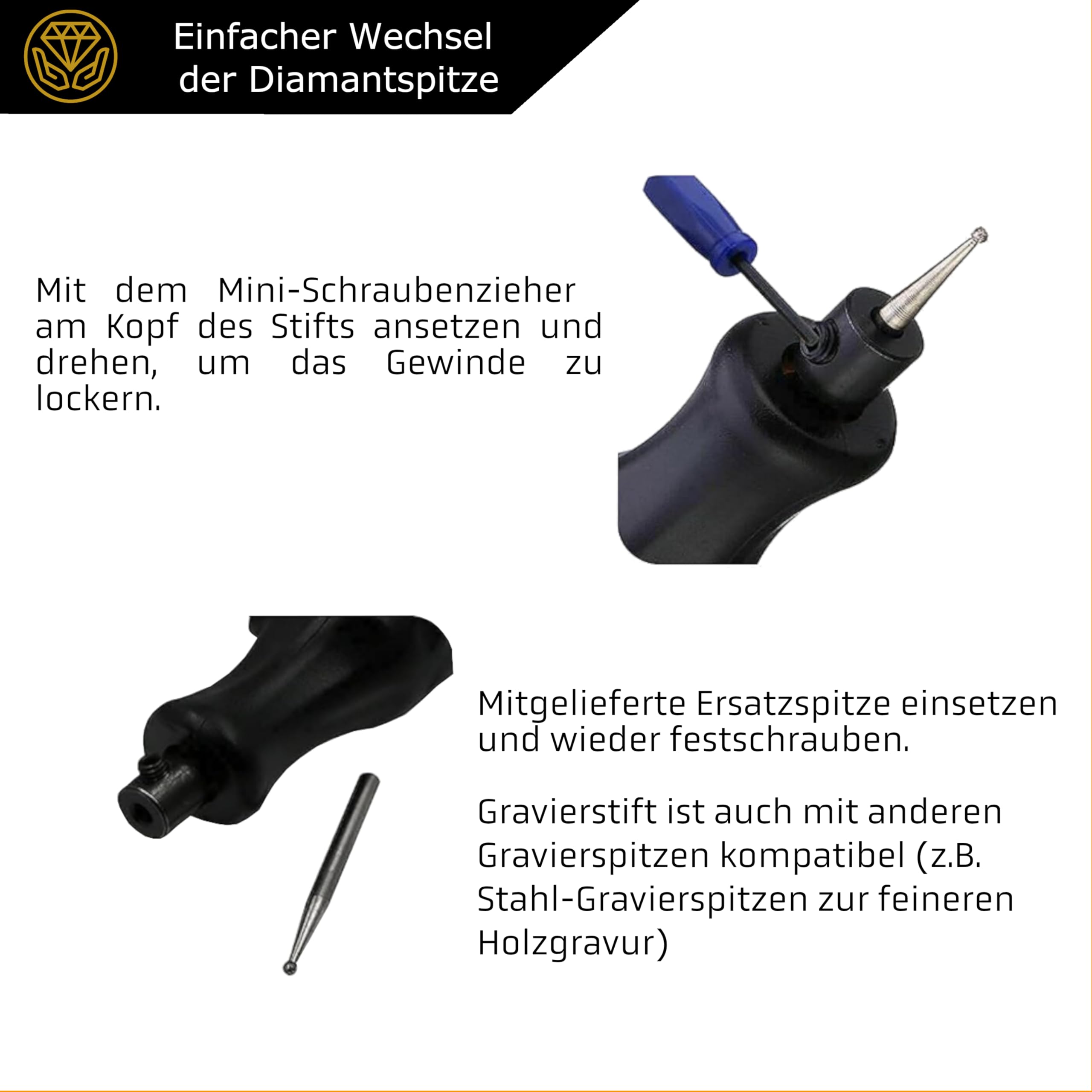 IRON HODL - Gravierstift mit Diamantspitze für Metall, Keramik, Glas gravieren - 2X AAA Batteriebetrieben - Engraving Pen Gravierstift Elektrisch für DIY Schmuck und Schloss Gravur Gerät (schwarz)