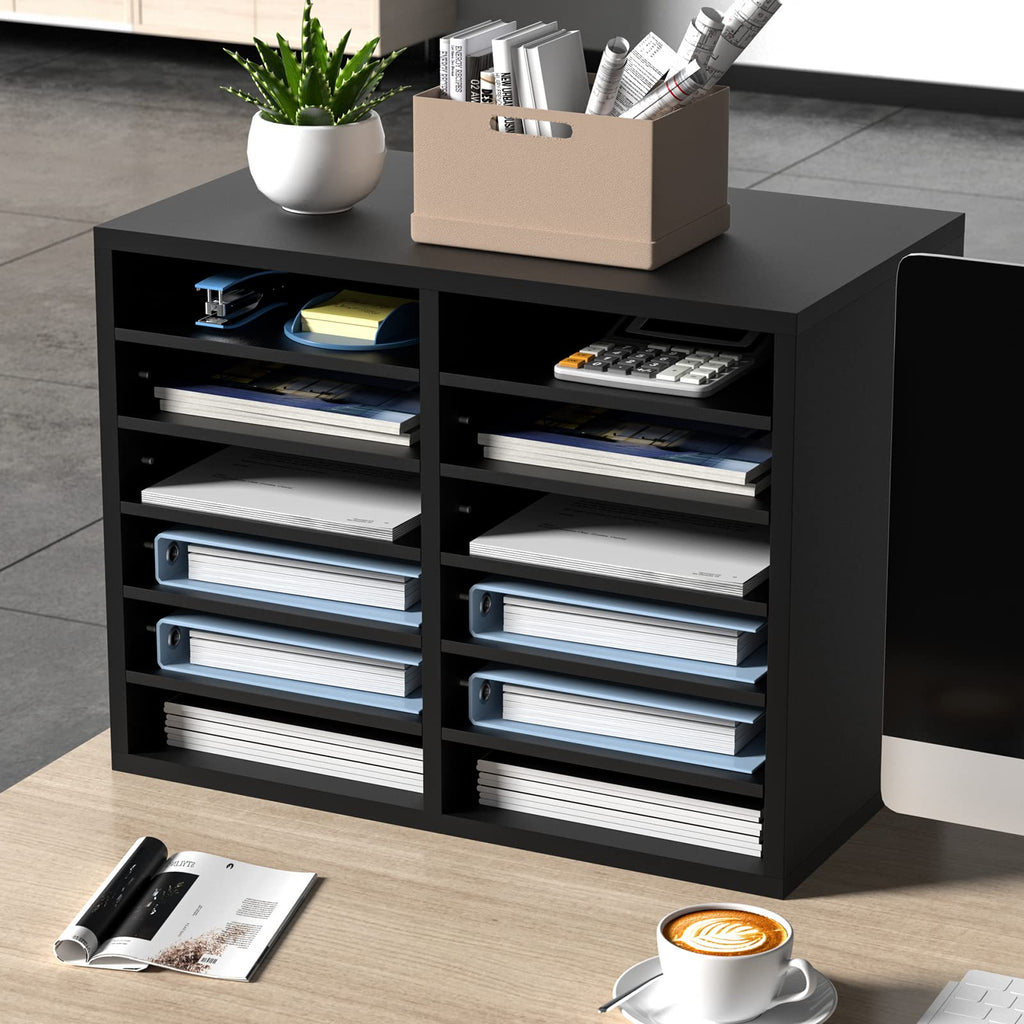 VEVOR Briefablage Schreibtisch Organizer 520 x 305 x 410 mm, 2,3–5,6 cm Einstellbar A4 Stapelbar Quer, Papierablage, Aufbewahrung Schreibtisch Ablagesystem Organisation, Ablage (Schwarz, 2 x 6 Fächer)