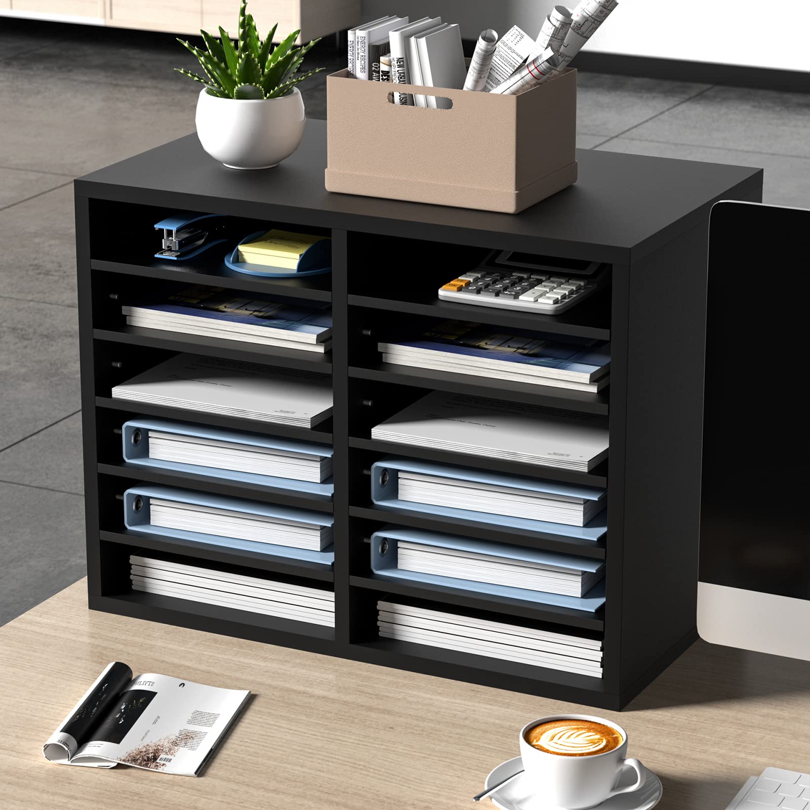 VEVOR Briefablage Schreibtisch Organizer 520 x 305 x 410 mm, 2,3–5,6 cm Einstellbar A4 Stapelbar Quer, Papierablage, Aufbewahrung Schreibtisch Ablagesystem Organisation, Ablage (Schwarz, 2 x 6 Fächer)