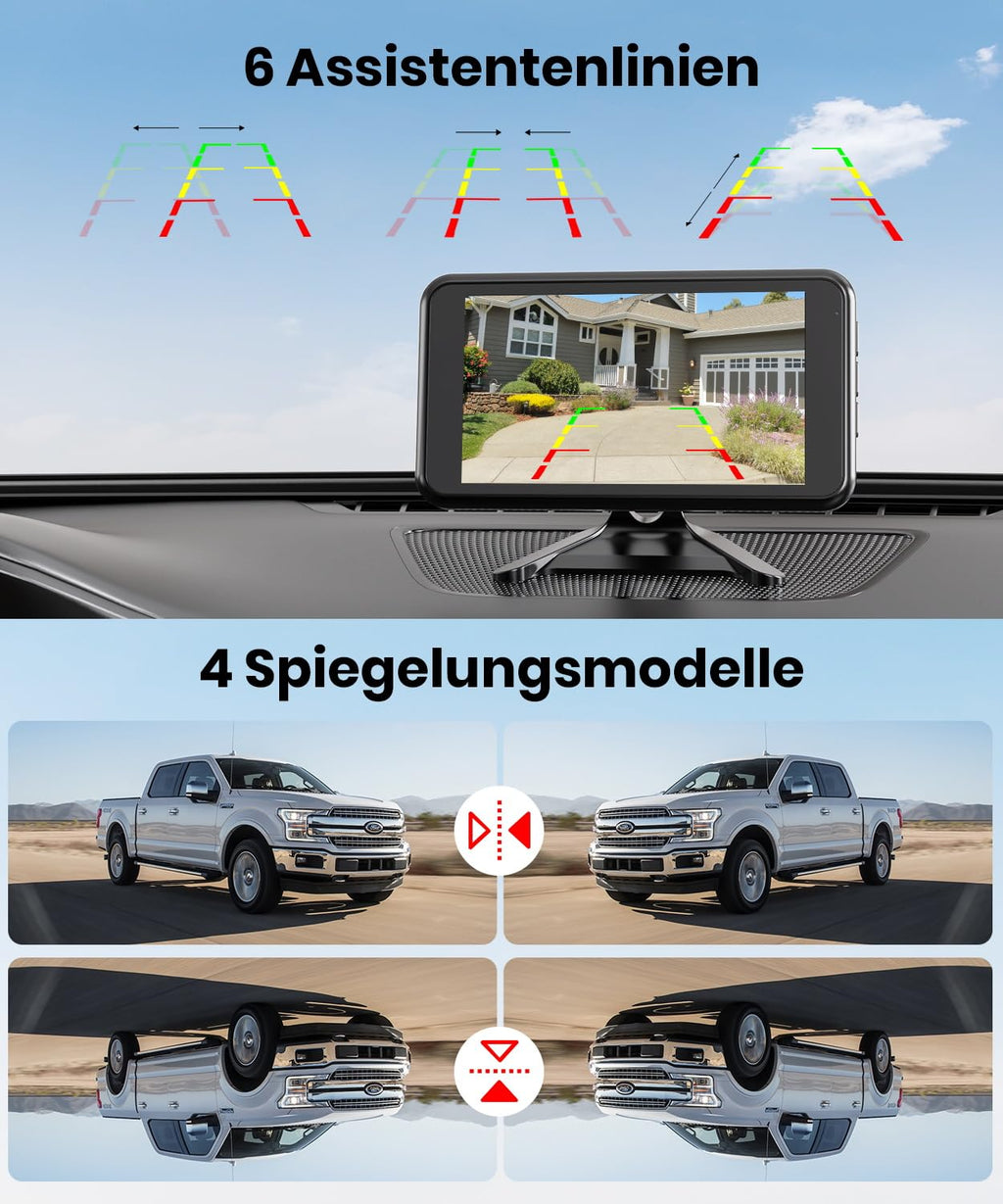 Foxpark Solar Rückfahrkamera Kabellos:Zwei-Minuten-Schnellinstallation & HD 1080P mit 5 Zoll Monitor, Leistungsstarke Nachtsicht, IP69K Auto Wasserdicht Rückfahrkamera Funk Set für Wohnmobil, LKW