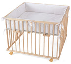 WALDIN Baby Laufgitter/Laufstall ca. 100 x 100 cm, BUCHE MASSIV, höhen-verstellbar, 2 Modelle wählbar, natur unbehandelt, Stoff weiß/Punkte grau