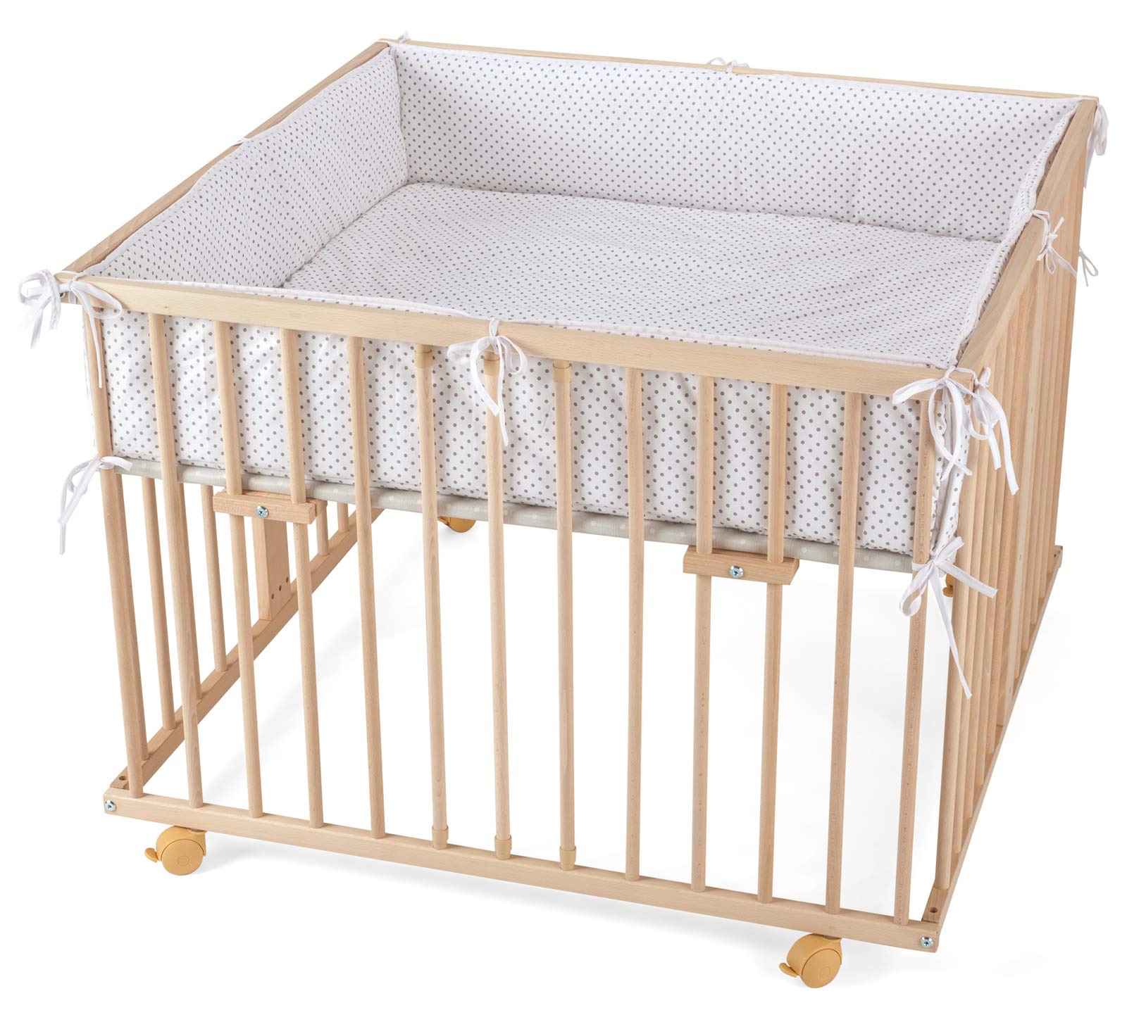 WALDIN Baby Laufgitter/Laufstall ca. 100 x 100 cm, BUCHE MASSIV, höhen-verstellbar, 2 Modelle wählbar, natur unbehandelt, Stoff weiß/Punkte grau