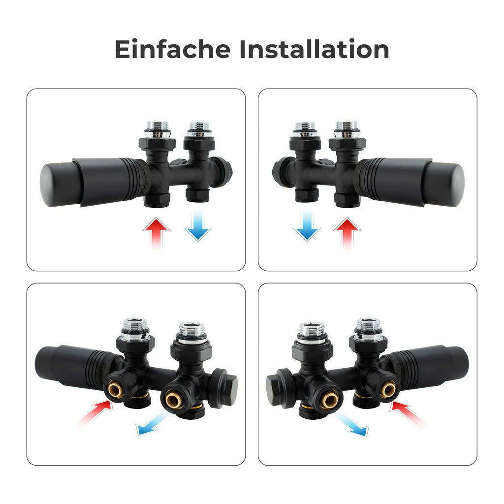 VANCOCO Multiblock mit Thermostat für Heizkörper 50mm Nabenabstand, Hahnblock, Ventil-Armaturen Set in Eck- und Durchgangsform mit Eurokonus für Ø16×2 mm Kunststoff- und Ø15mm Kupferrohre (Schwarz)