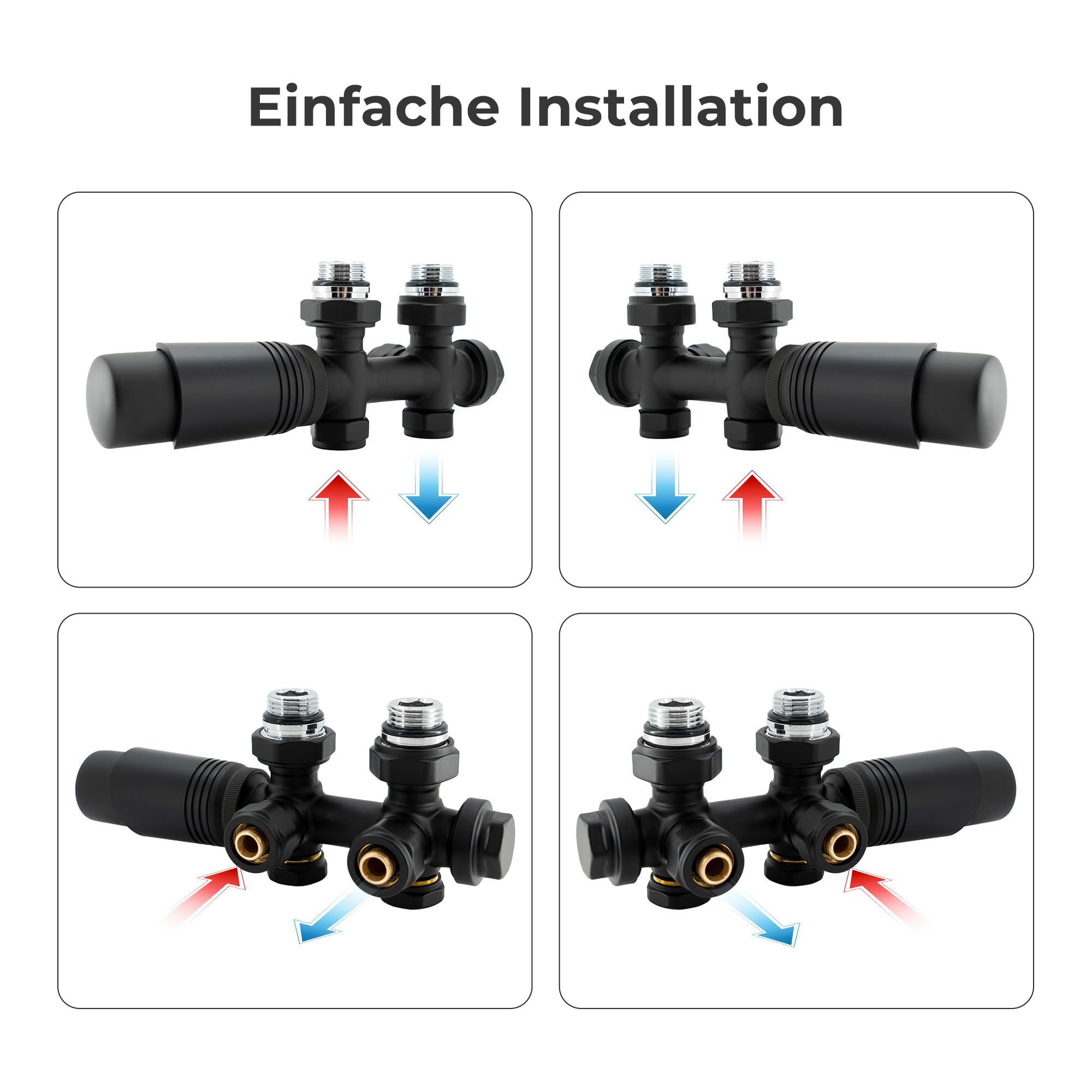 VANCOCO Multiblock mit Thermostat für Heizkörper 50mm Nabenabstand, Hahnblock, Ventil-Armaturen Set in Eck- und Durchgangsform mit Eurokonus für Ø16×2 mm Kunststoff- und Ø15mm Kupferrohre (Schwarz)