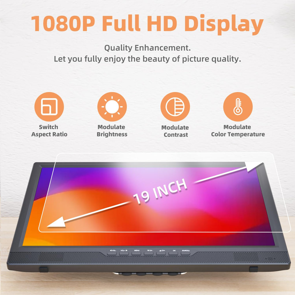 DESOBRY 19-Zoll Fernseher 1080P mit Antenne, Kleiner Fernseher mit HDMI/AVEingang USB-Anschluss, Tragbare MINI TV für Küche, Schlafzimmer, Camping und Wohnmobil (ohne Batterie)