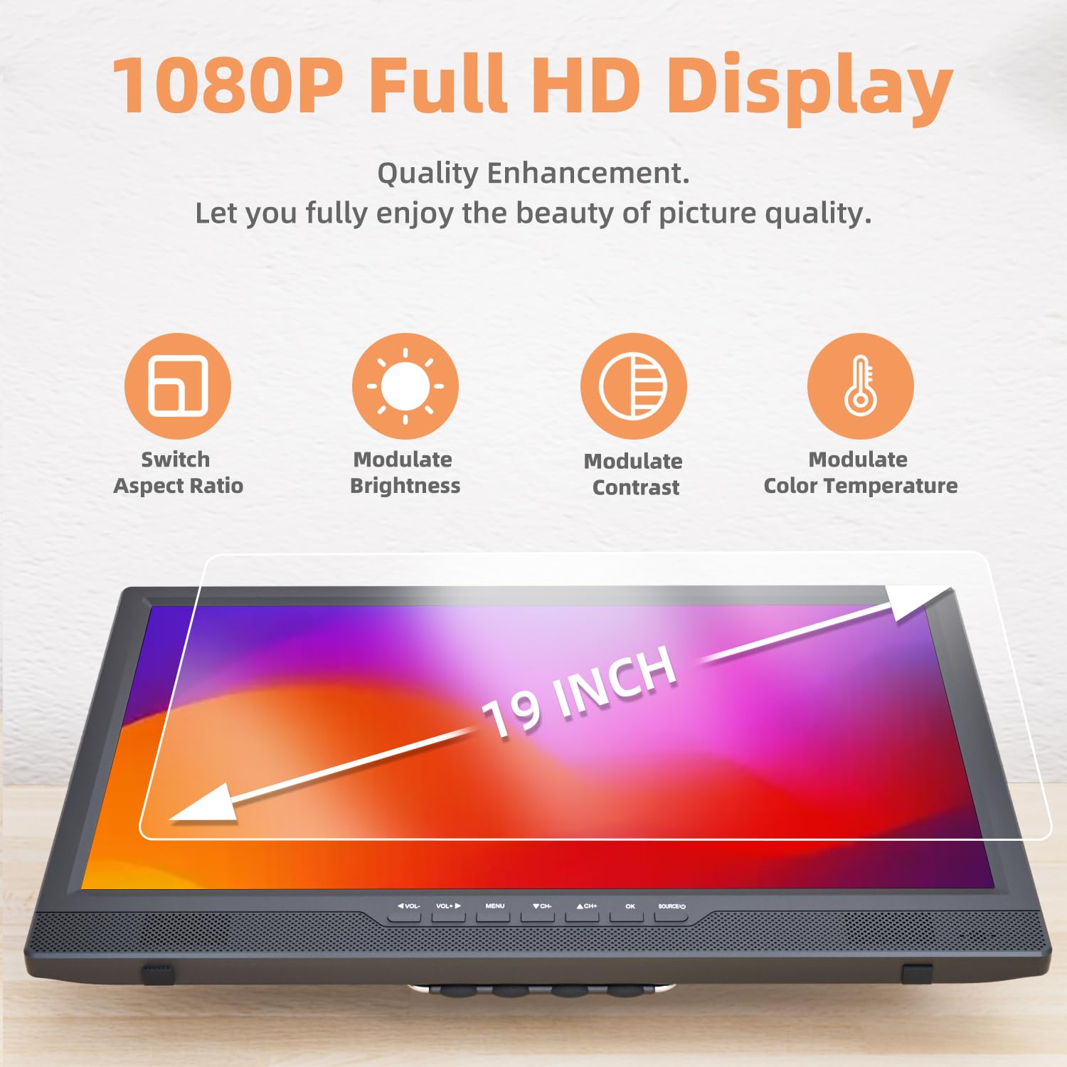 DESOBRY 19-Zoll Fernseher 1080P mit Antenne, Kleiner Fernseher mit HDMI/AVEingang USB-Anschluss, Tragbare MINI TV für Küche, Schlafzimmer, Camping und Wohnmobil (ohne Batterie)