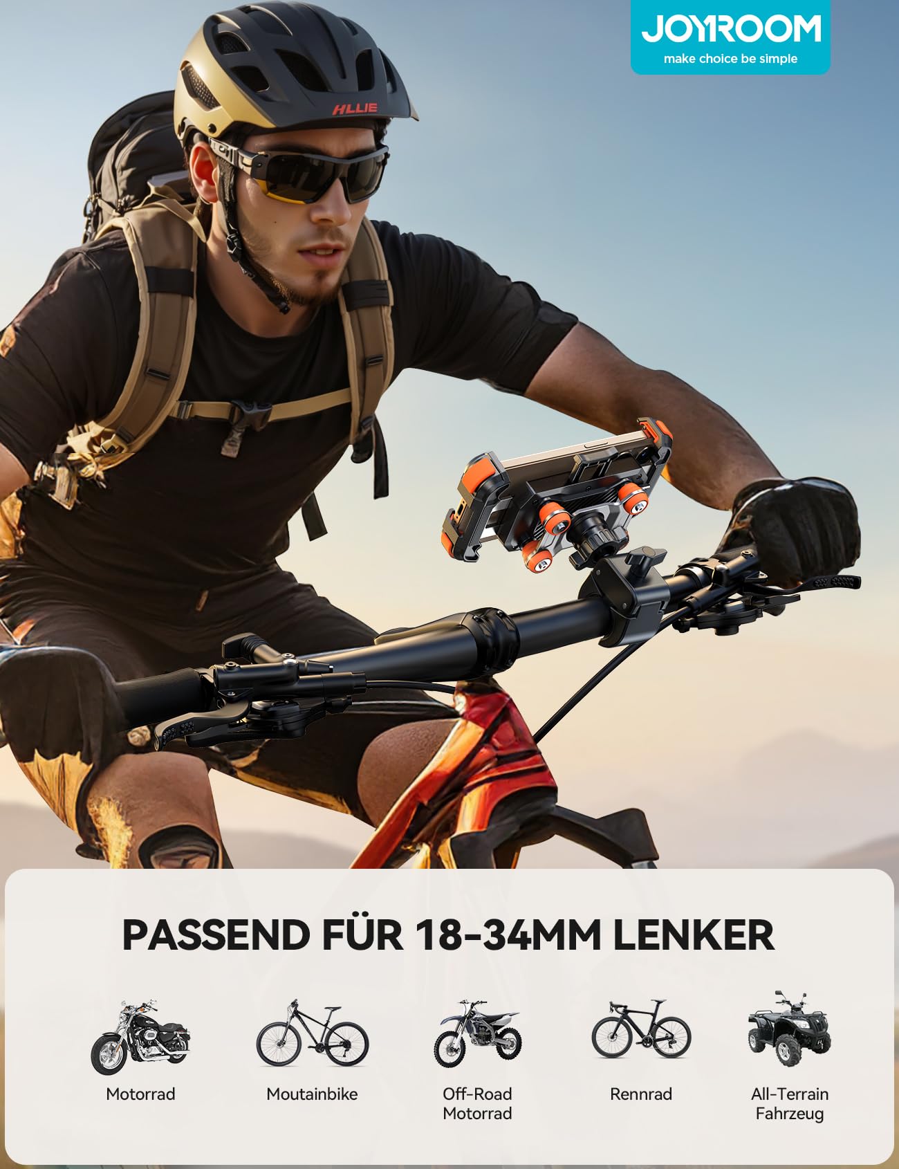 JOYROOM Handyhalterung Motorrad [Doppelt Vibrationsgedämpft] Handyhalter Fahrrad [Mit einem klick öffnen] Handy Halterung 360° Drehbar Lenker Halter für iPhone 16/15/14/13 Samsung S24/S23 Orange