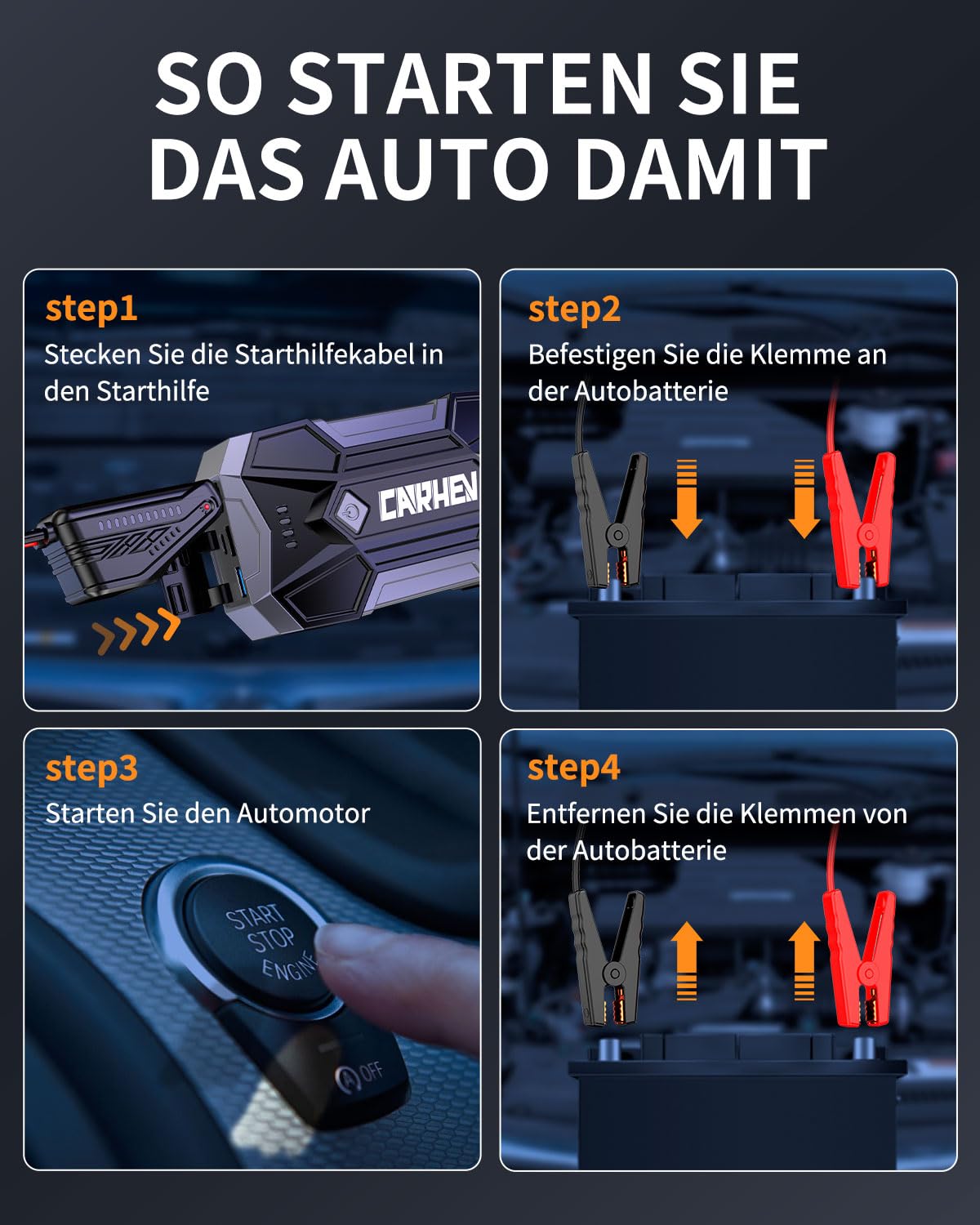 CARHEV Starthilfe Powerbank für Pkw, 4500A Starter Powerbank (Bis Zu 8,0L Benzin Oder 8,0L Diesel), 12V Booster Auto Starthilfe mit LED, Jump Starter mit Starthilfekabel und 2 USB Ausgänge