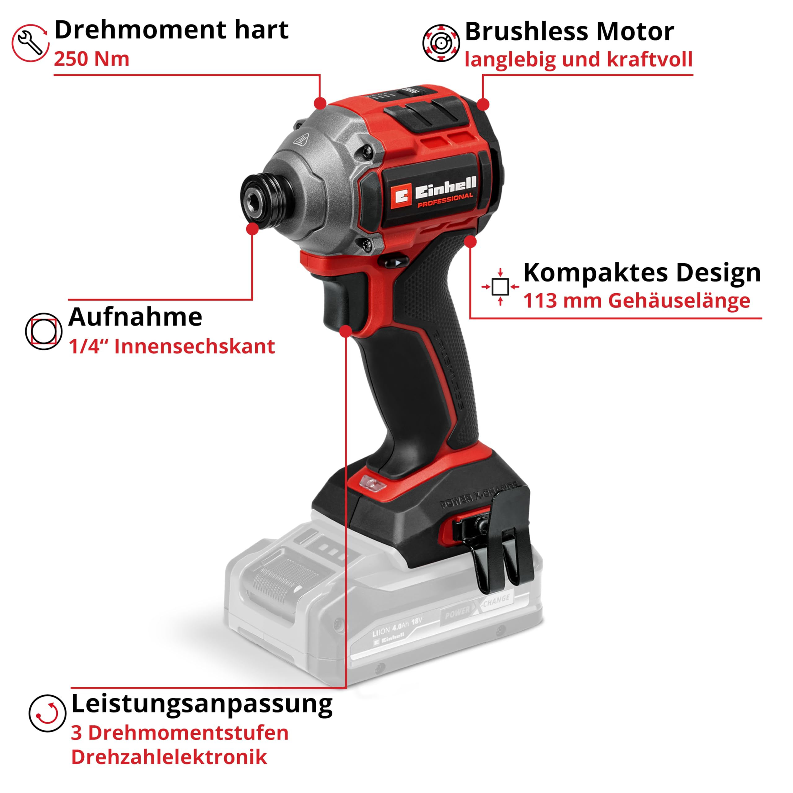 Einhell Professional Akku-Schlagschrauber TP-CI 18/250-C Li BL-Solo Power X-Change (18 V, 250 Nm Drehmoment, Brushless, Innensechskant-Aufnahme, LED-Licht, ohne Akku)