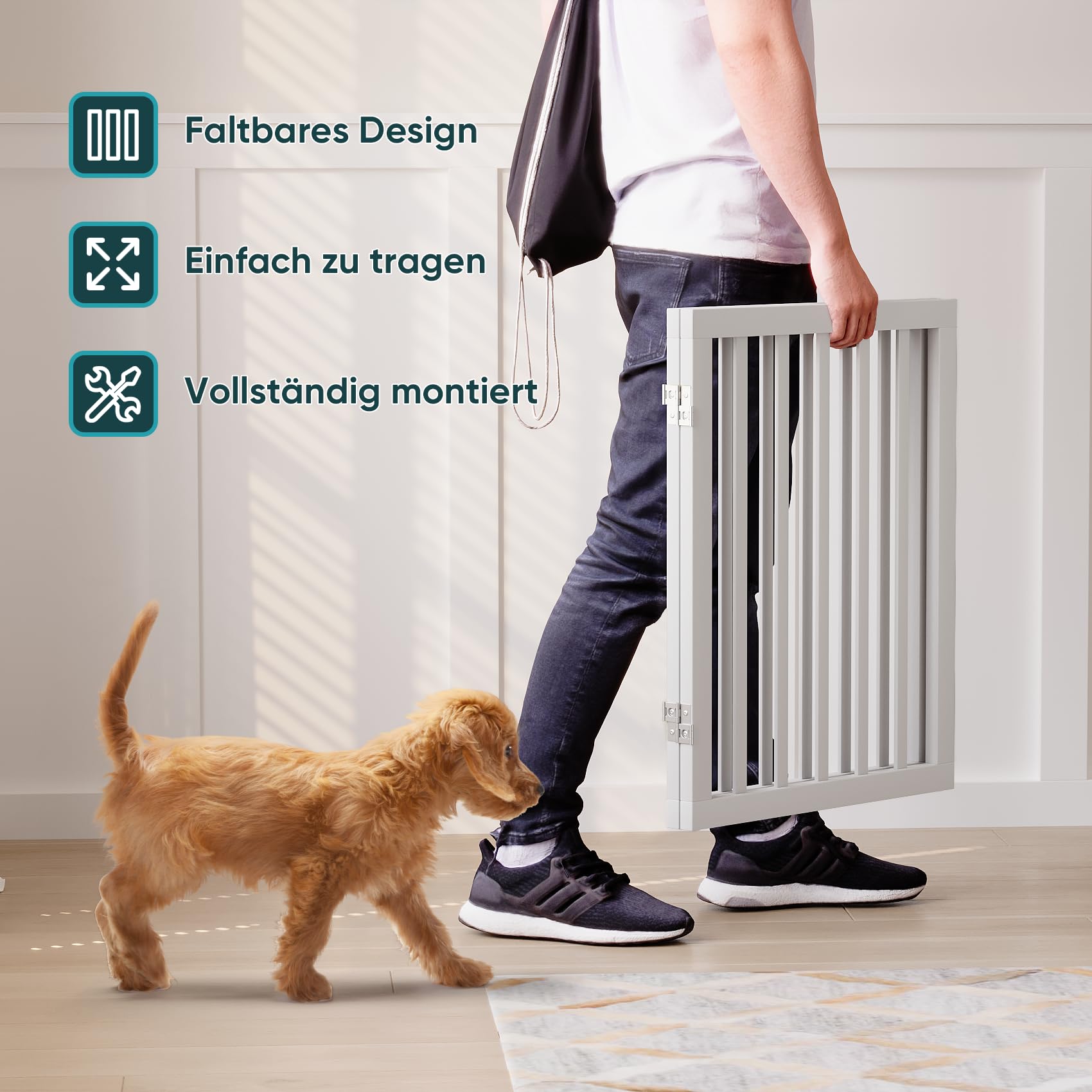 Semiocthome Freistehende Baby- & Haustiergitter aus Bambus, Hunde- und Katzengitter für Türen, Treppenschutzgitter für Welpen, Faltbare Sicherheitsgitter (Weiß, 2 Platten - 90cm Breit)
