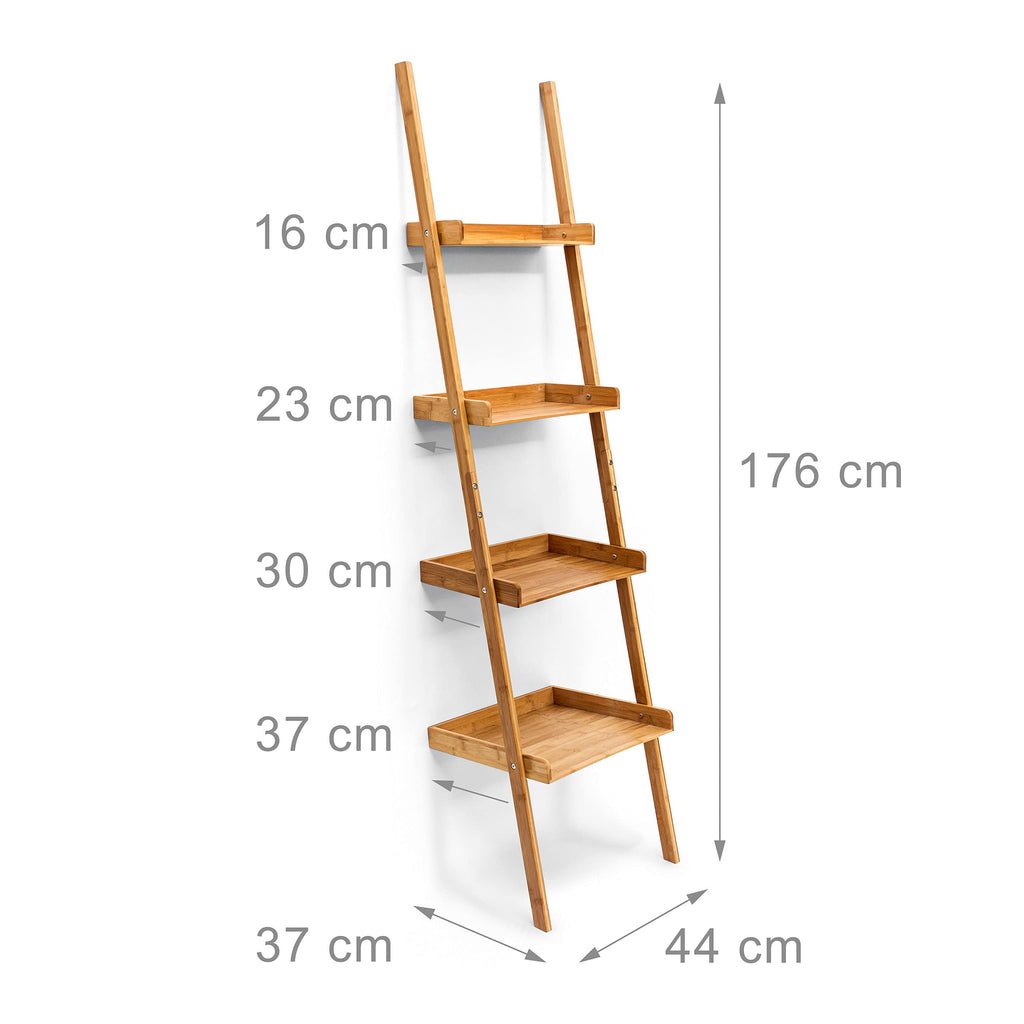 Relaxdays Leiterregal Bambus HxBxT 176 x 44 x 37 cm 4-stufiges Standregal mit Ablagen als dekoratives Regal für das Arbeitszimmer und Wohnzimmer als Wandlehnregal und Holzregal mit 4 Fächern, natur