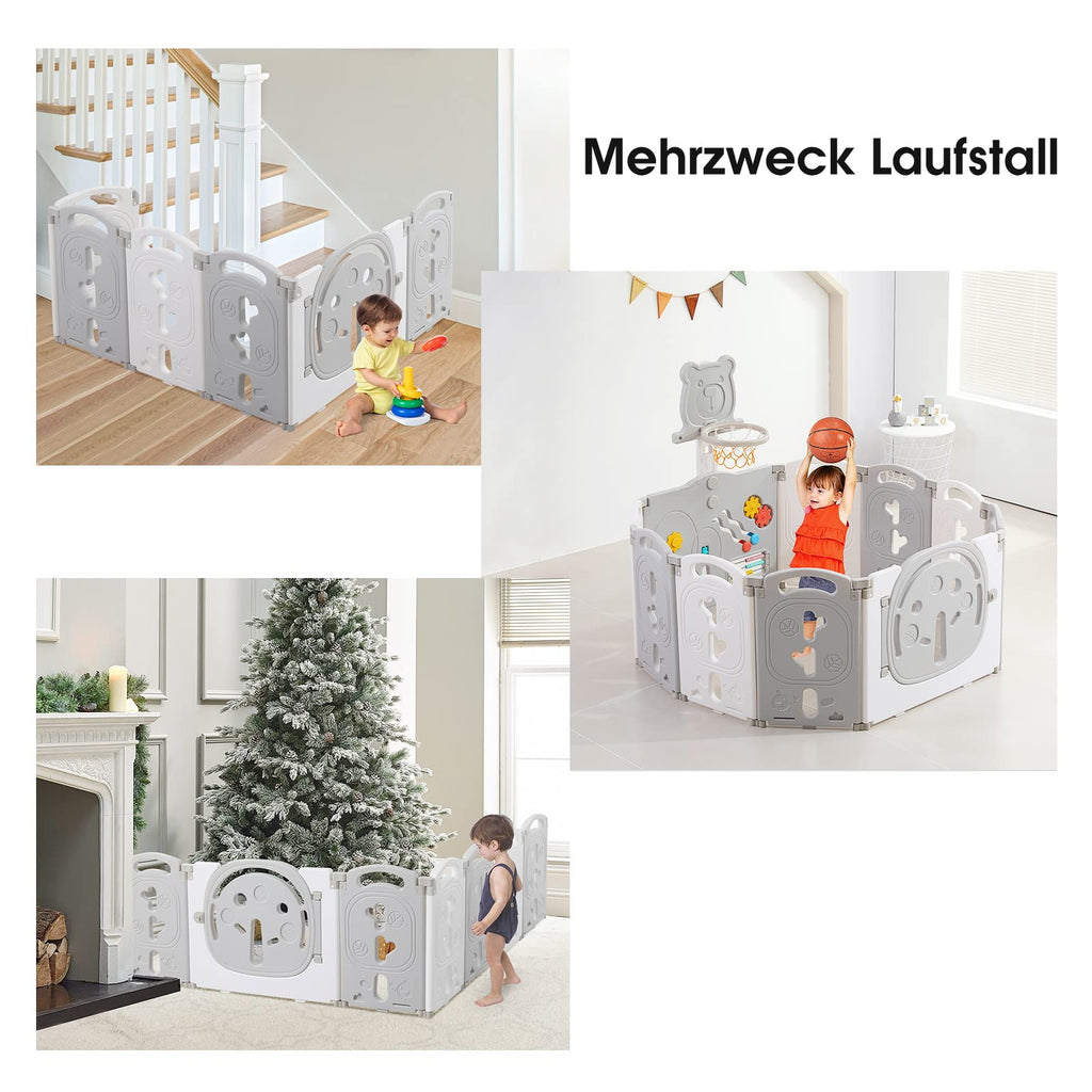 Dripex Faltbarer Laufstall 113x113 cm mit Spielbrett aus Kunststoff, Grau