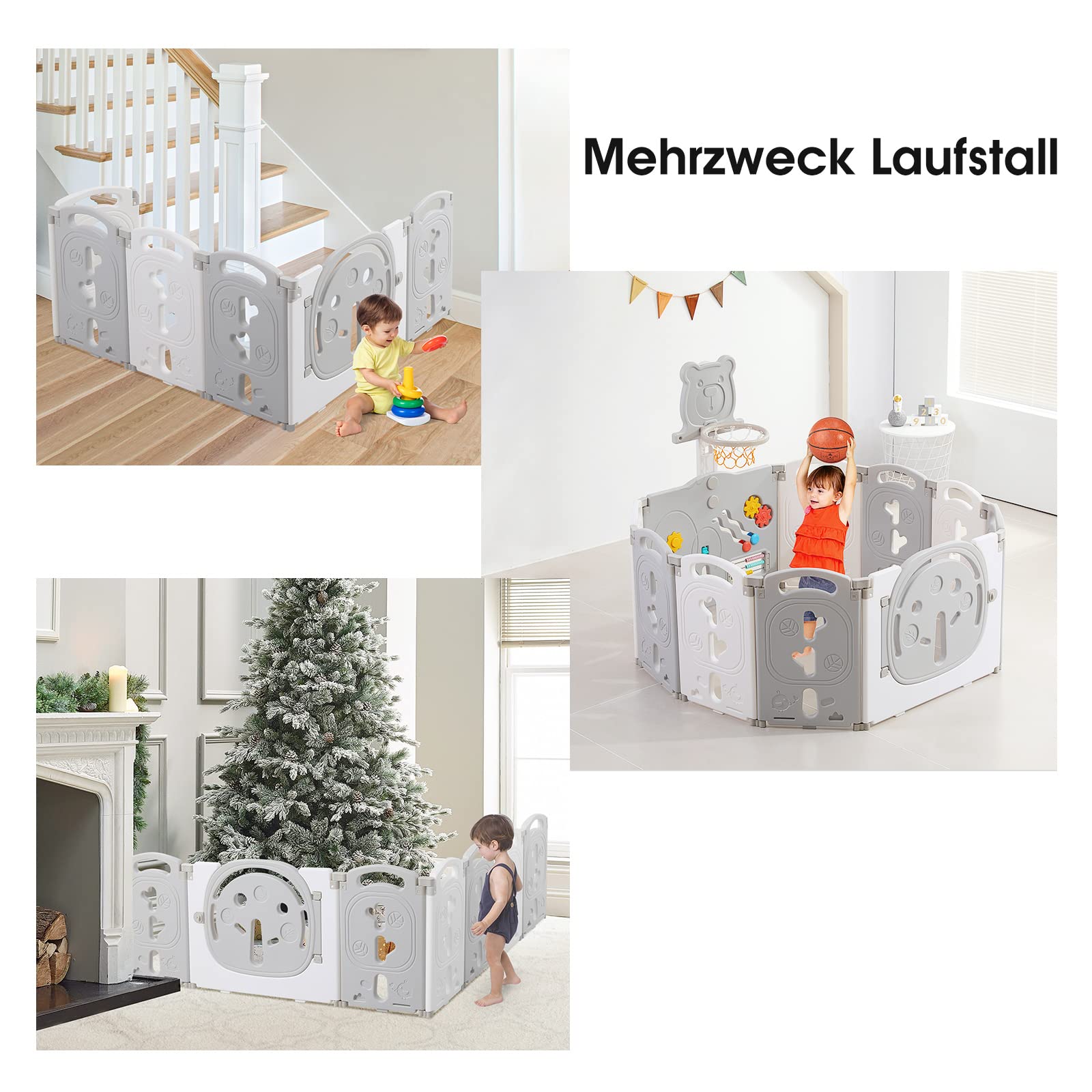 Dripex Faltbarer Laufstall 113x113 cm mit Spielbrett aus Kunststoff, Grau