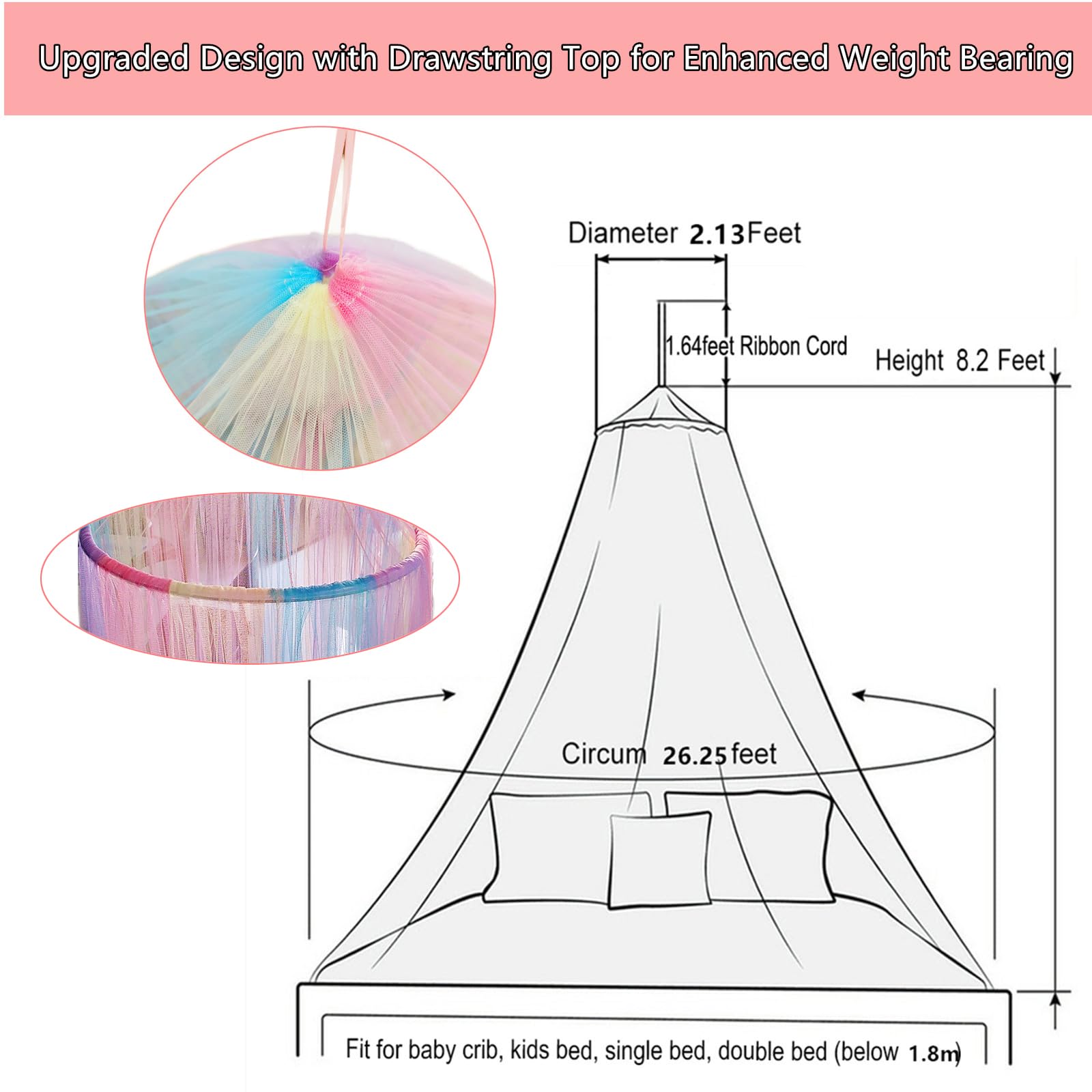 Eimilaly Prinzessin Betthimmel mit 250pcs Warm White Curtain Lichter, Regenbogen Betthimmel für Mädchen Zimmer Dekoration, 30D verschlüsselten Stoff