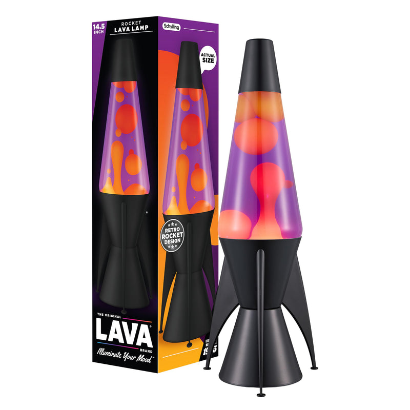 LAVA® – Lavalampe Evenfall Rocket 2391, gelbes Wachs, lila Flüssigkeit, dekorative Basis, Kappe und Raketenflossen, Original 14,5 Zoll Bewegungslampe der Marke LAVA®