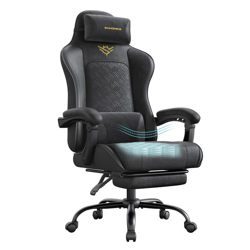 SONGMICS Gaming-Stuhl, Bürostuhl, Schreibtischstuhl, ergonomischer Gaming-Sessel, Sitzkissen mit Federn, Fußstütze, Armlehnen mit Synchronmechanik, tintenschwarz OBG079B01