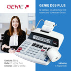Genie D69 Plus Druckender Tischrechner | 12-stelliges LC-Display | Rechenmaschine mit Papierrolle | Quittung & Bondrucker | Taschenrechner mit Papierrolle | Viele Business-Funktionen | weiß