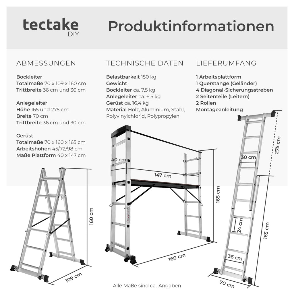 TecTake Gerüst, Leiter 4 in 1, Mobile Mehrzweckleiter, Arbeitsbühne, Baugerüst, Alu Gerüst, Rollgerüst mit Arbeitsplattform, Haushaltsleiter, belastbar bis max. 150 Kg - Silber