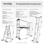 TecTake Gerüst, Leiter 4 in 1, Mobile Mehrzweckleiter, Arbeitsbühne, Baugerüst, Alu Gerüst, Rollgerüst mit Arbeitsplattform, Haushaltsleiter, belastbar bis max. 150 Kg - Silber