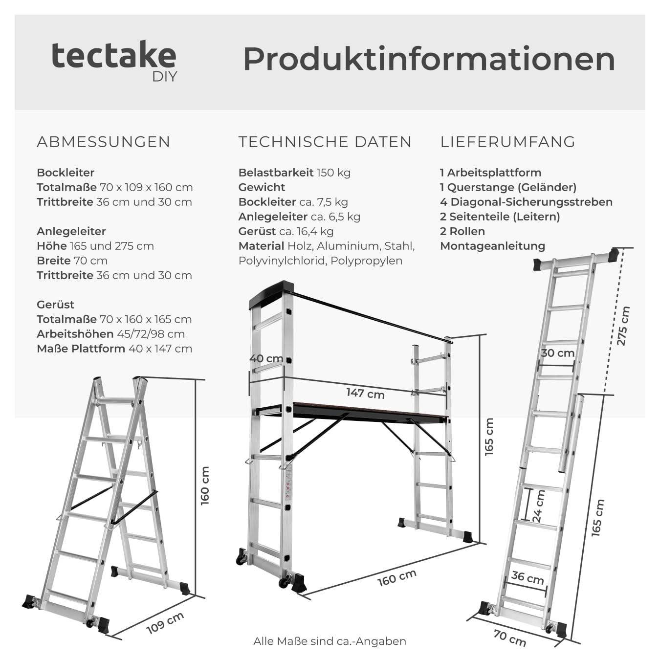 TecTake Gerüst, Leiter 4 in 1, Mobile Mehrzweckleiter, Arbeitsbühne, Baugerüst, Alu Gerüst, Rollgerüst mit Arbeitsplattform, Haushaltsleiter, belastbar bis max. 150 Kg - Silber