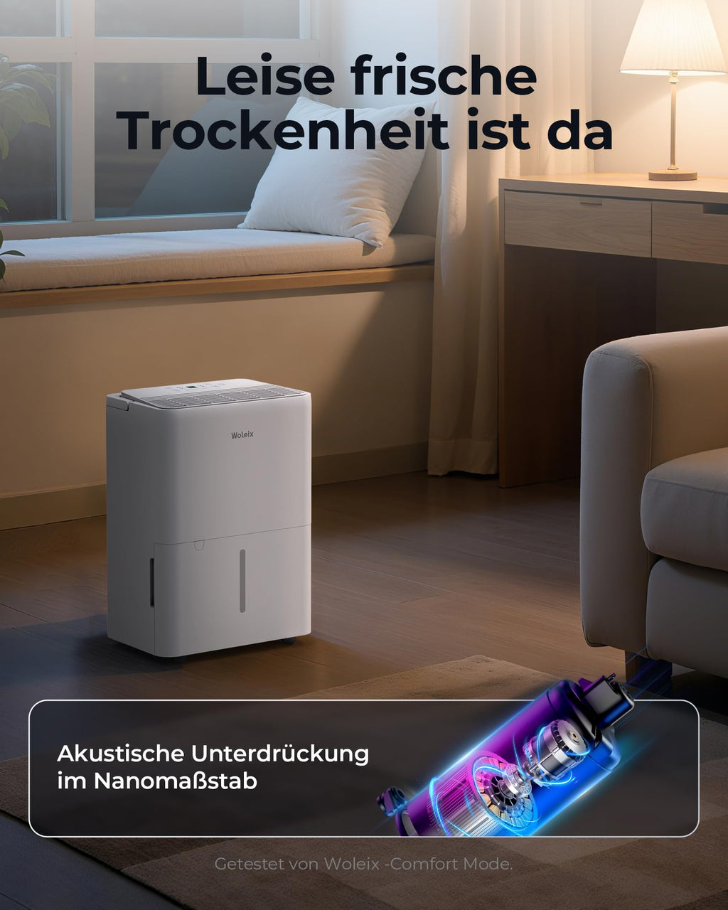 Woleix Luftentfeuchter elektrisch 12L, Entfeuchter elektrisch für Keller, Raumentfeuchter elektrisch 35dB für Räume bis zu 122m³/25m², mit Filter und 1M Ablaufschlauch, Timer, 10 J. Gar.