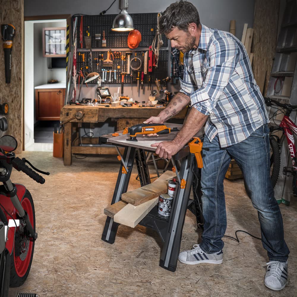 WORX PEGASUS WX051 mobile multifunktionale Werkbank - hochwertiger Arbeitstisch klappbar für die Werkstatt, max. Belastung 450kg – inkl. Schnellklemmvorrichtung – hohe Stabilität & große Arbeitsfläche