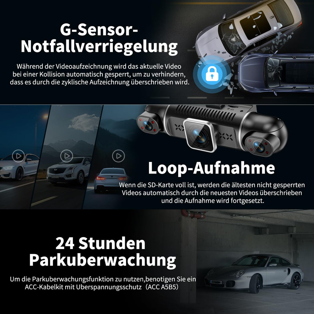 360° Dashcam Auto Vorne Hinten 2K/1080P, 4 Kanal Dash Cam Auto Kamera mit 64GB SD-Karte,3" IPS-Bildschirm,4X 140° Weitwinkel,WDR Nachtsicht (8 IR-LEDs),G-Sensor,24/7 Parkmodus,Loop-Aufnahme, WiFi App