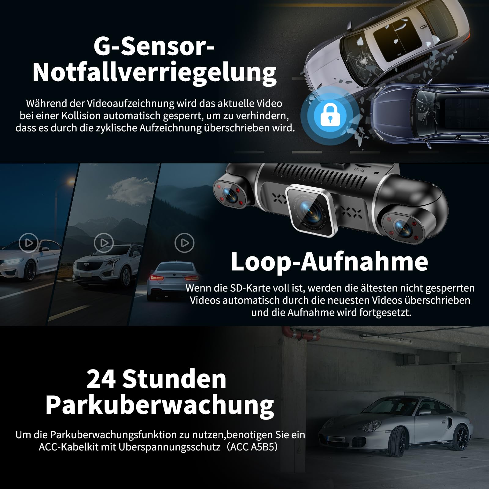 360° Dashcam Auto Vorne Hinten 2K/1080P, 4 Kanal Dash Cam Auto Kamera mit 64GB SD-Karte,3" IPS-Bildschirm,4X 140° Weitwinkel,WDR Nachtsicht (8 IR-LEDs),G-Sensor,24/7 Parkmodus,Loop-Aufnahme, WiFi App